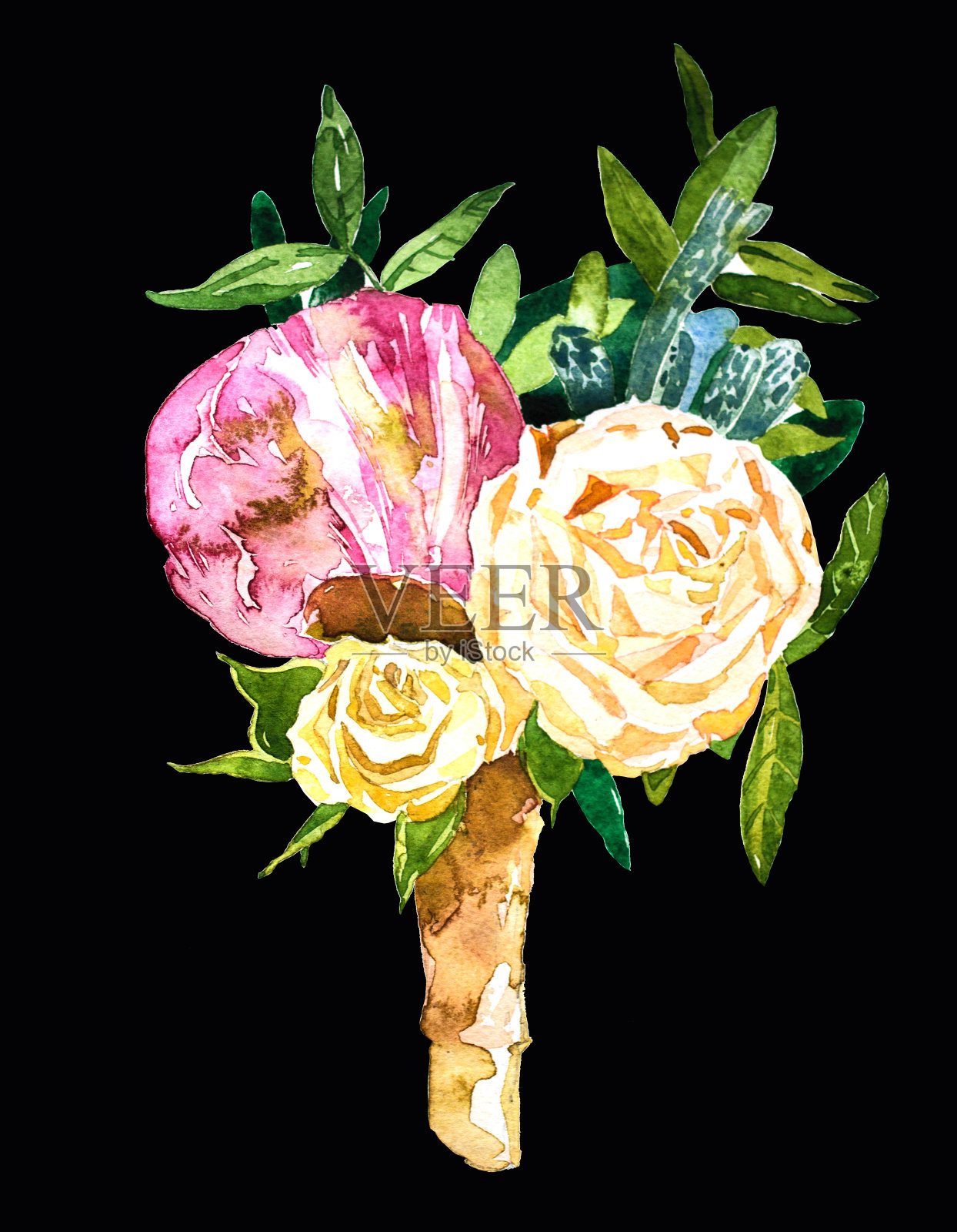 花朵水彩花束和胸花。插画图片素材