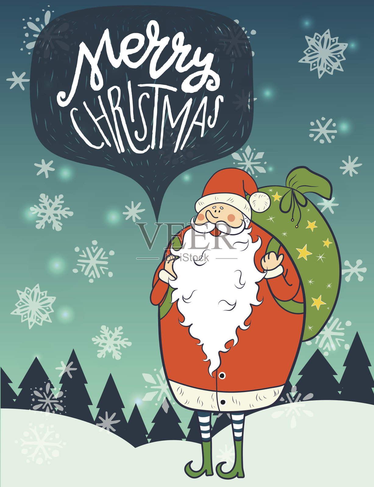 圣诞快乐手写和有趣的卡通圣诞老人设计模板素材