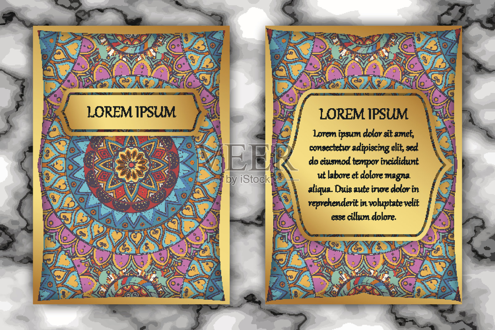 邀请卡设计模板与曼陀罗，精致的花卉图案。设计模板素材