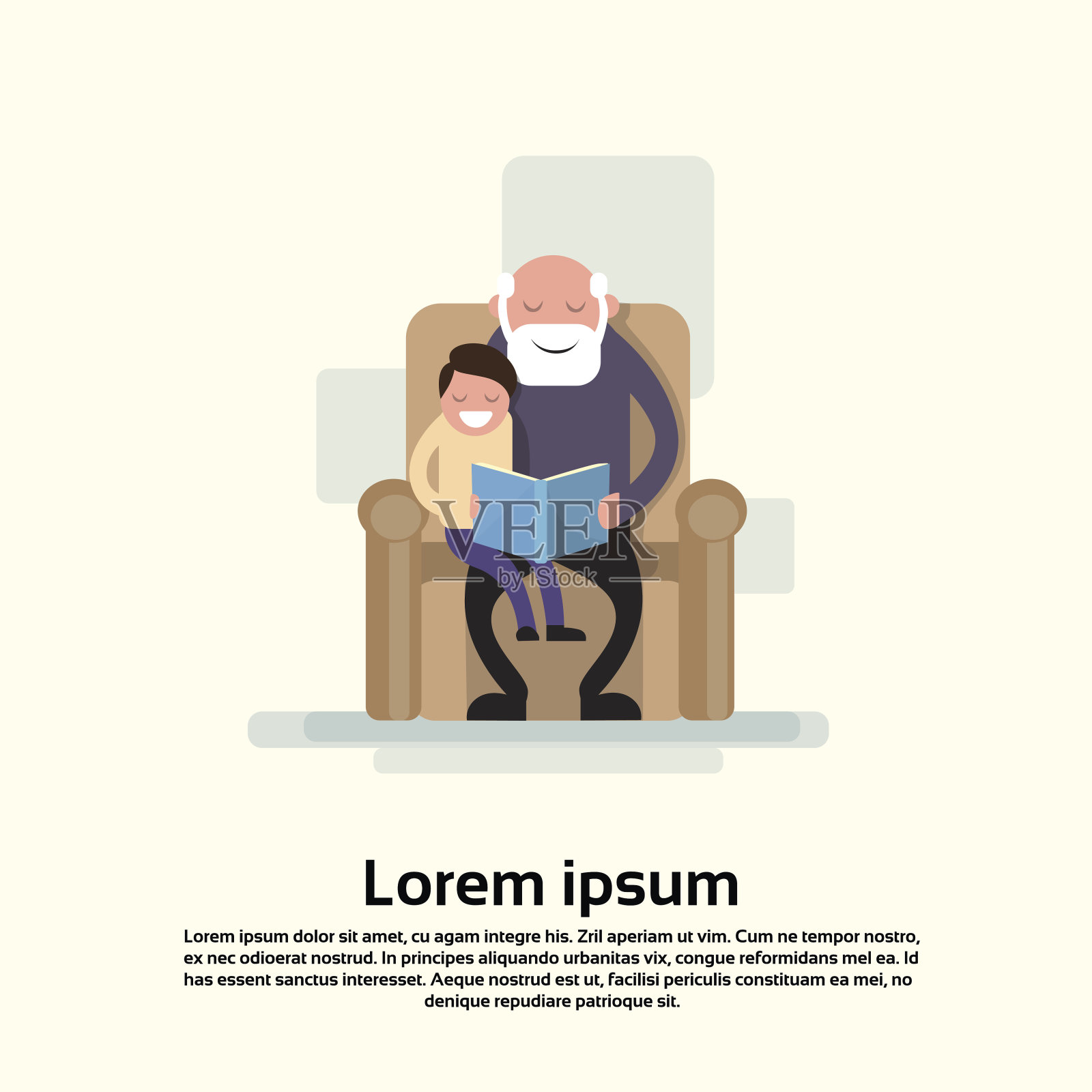 爷爷和孙子坐在扶手椅上给小孩子读书设计模板素材
