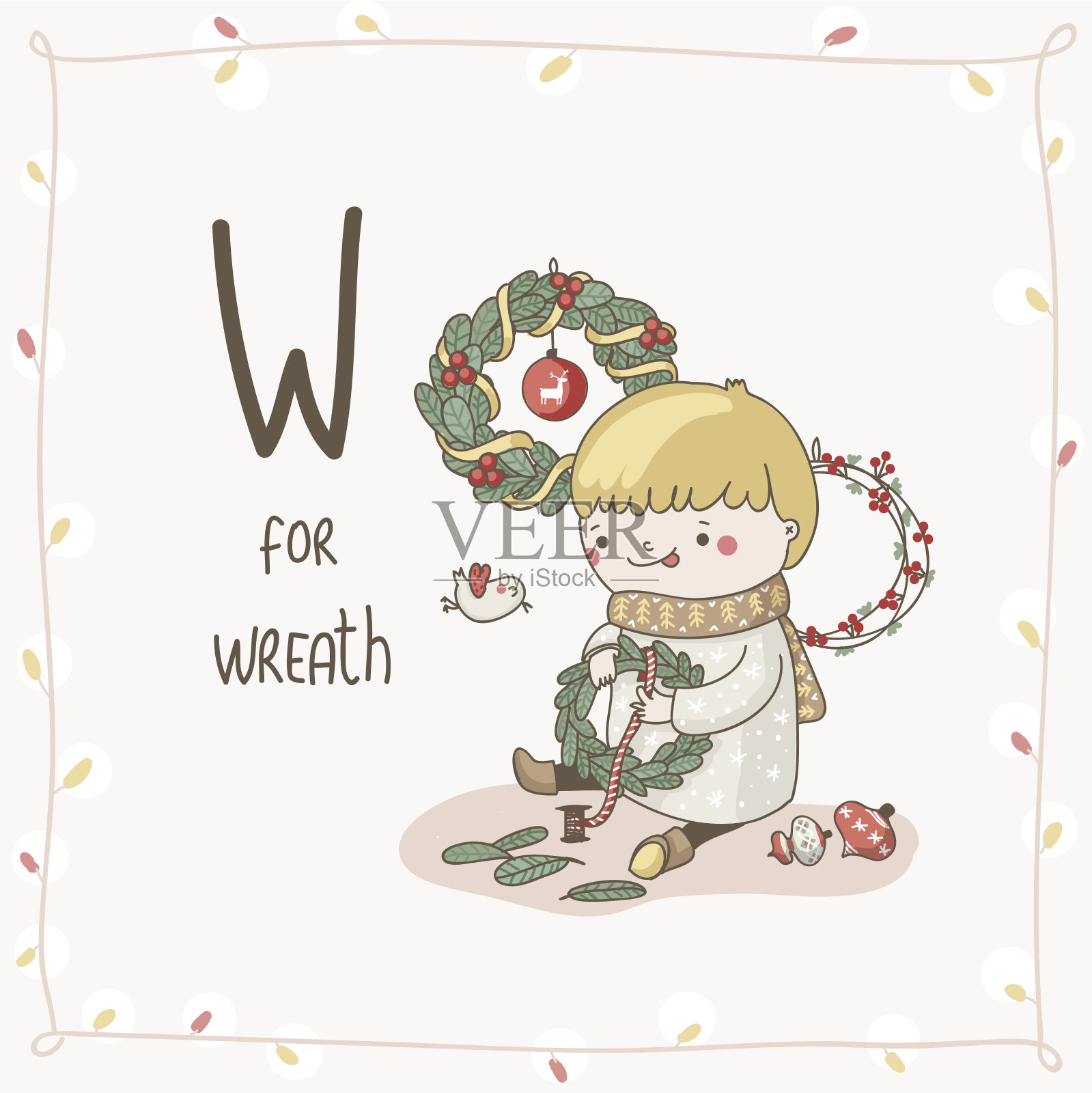可爱的矢量字母圣诞。字母W -花环设计元素图片