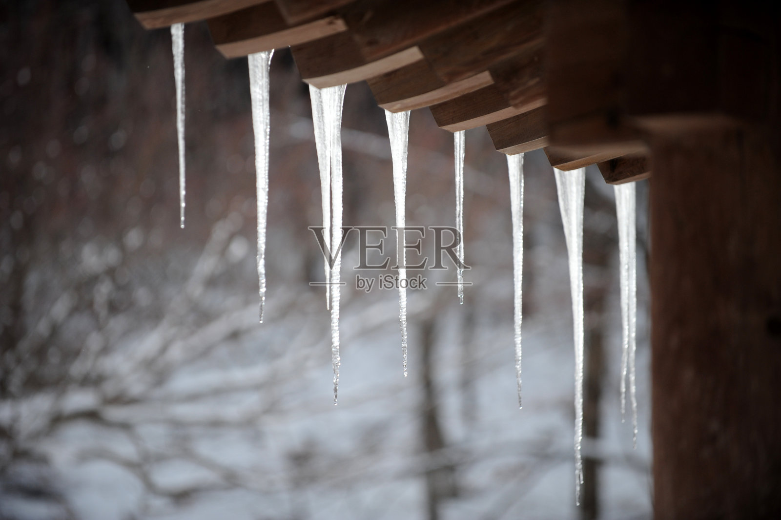 屋顶上挂满了冰柱。照片摄影图片