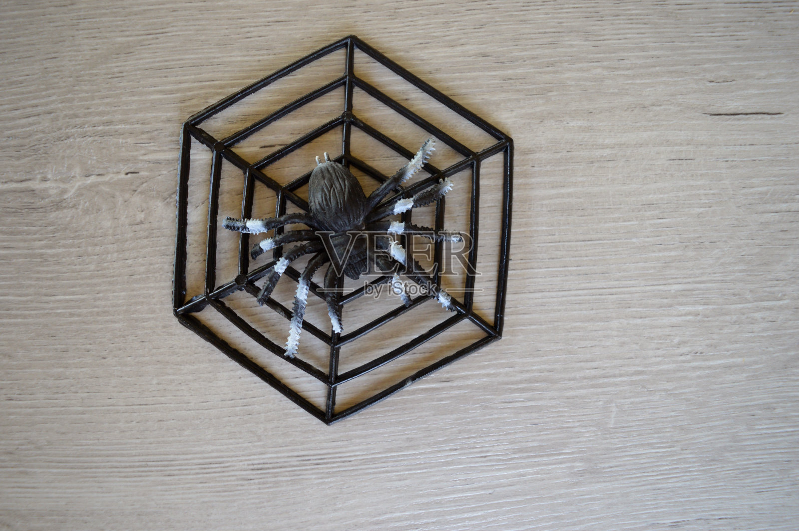 塑料万圣节蜘蛛网和蜘蛛在白色的木头背景照片摄影图片