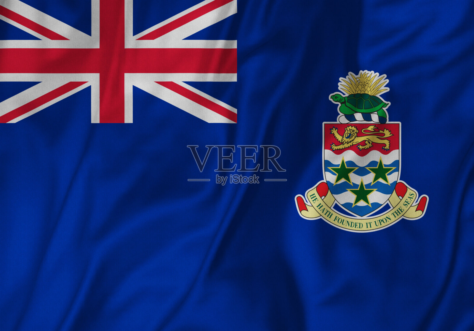 皱褶的开曼群岛旗的特写，开曼群岛旗在风中飘扬照片摄影图片