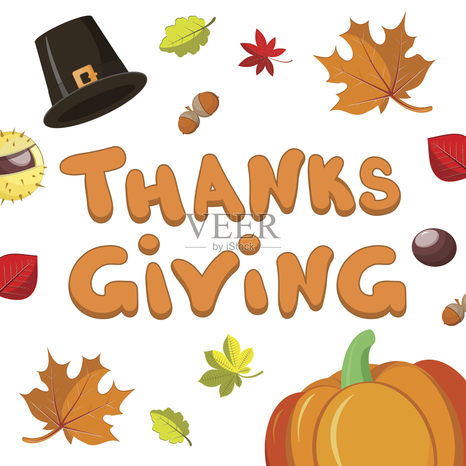 手绘快乐的感恩节卡片模板与秋天的树叶和插画图片素材