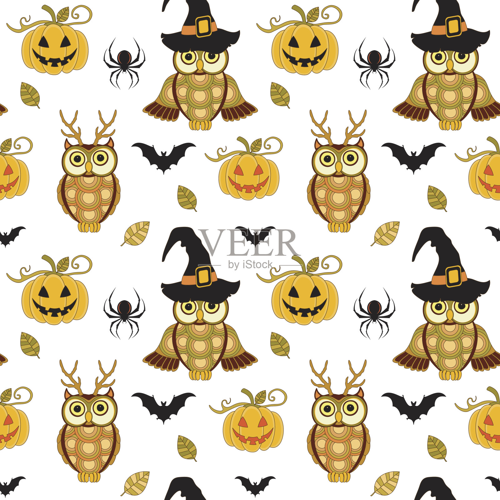 无缝万圣节图案与南瓜和猫头鹰在白色的背景插画图片素材