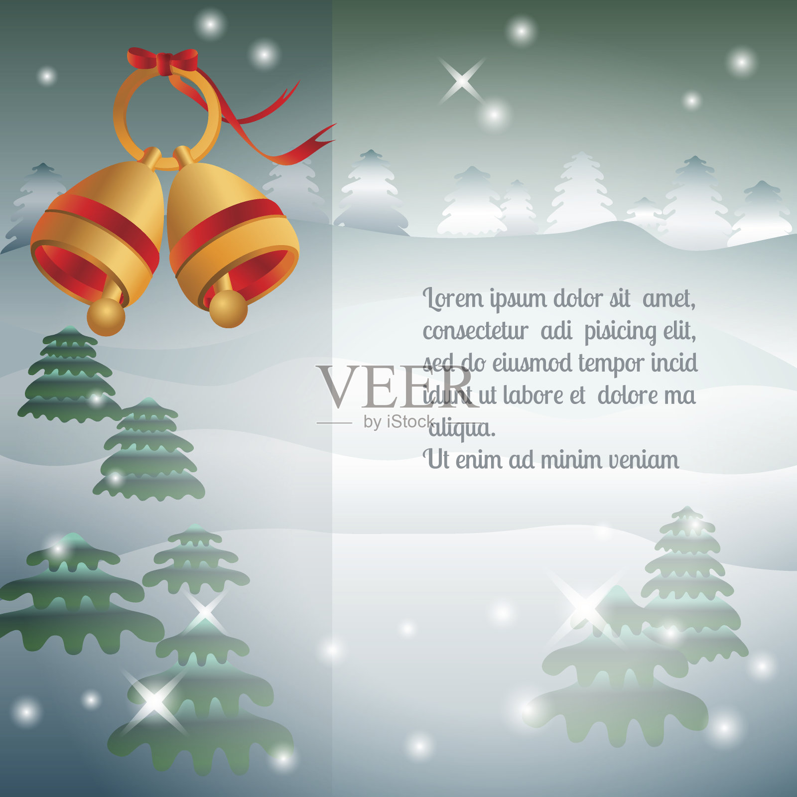 金色的钟声，圣诞树在冬夜的背景下。设计模板素材