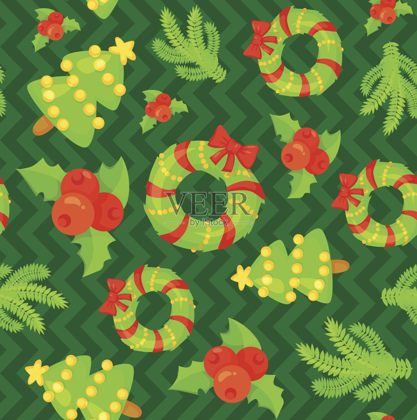 无缝图案与可爱的卡通圣诞手套，糖果手杖，冬青插画图片素材