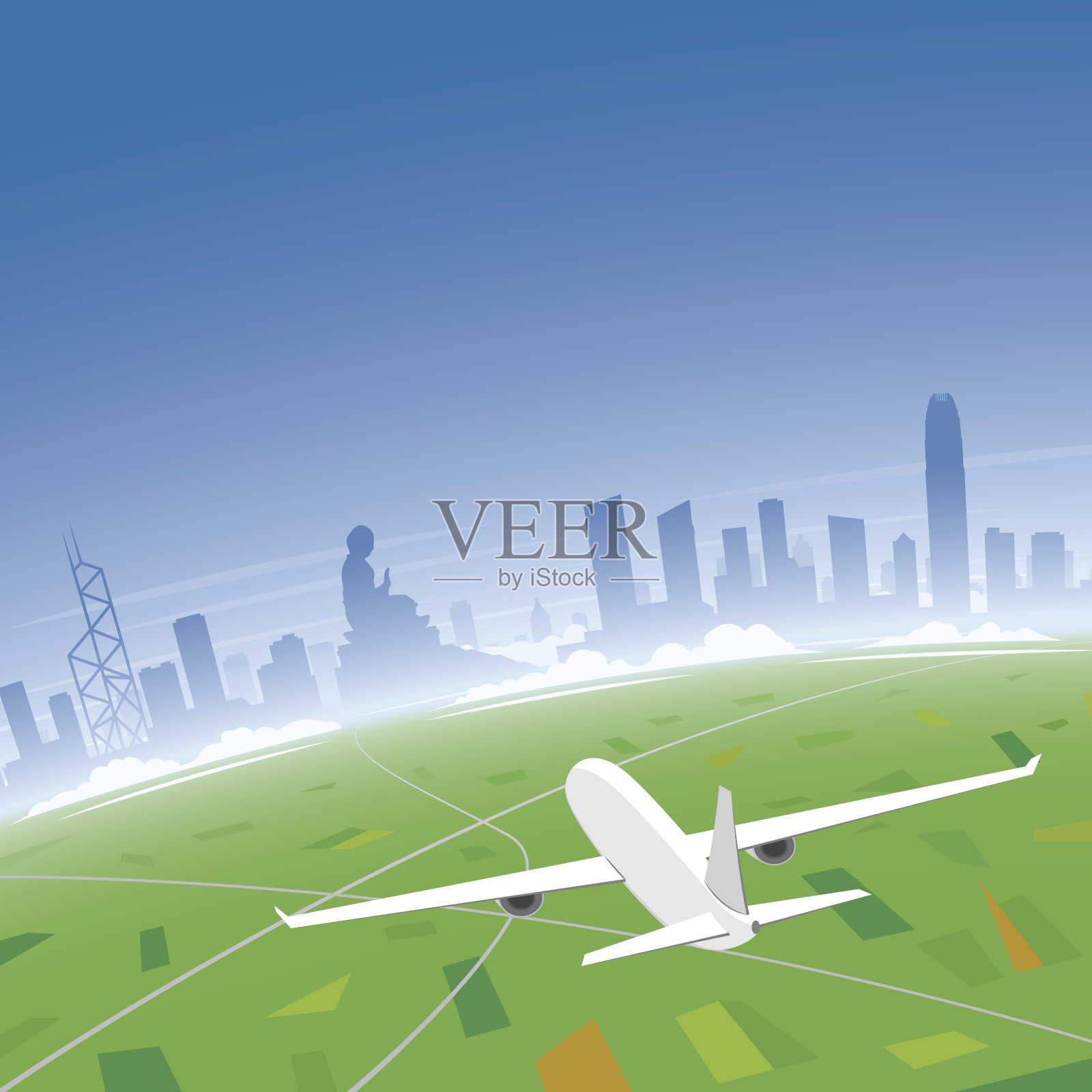 香港天际线航班目的地插画图片素材