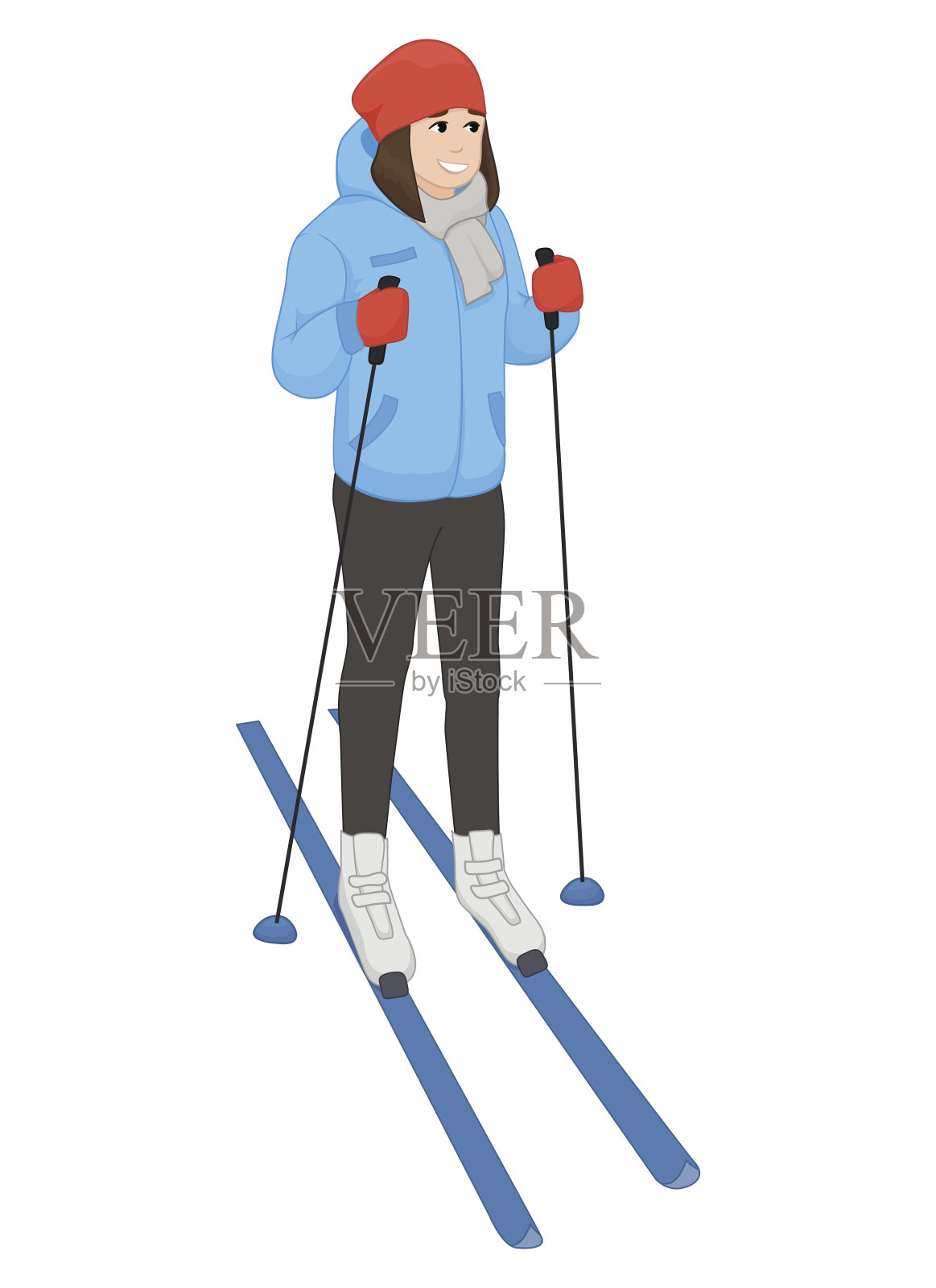 这个年轻的动画女孩花费在滑雪上。冬季运动。向量插画图片素材