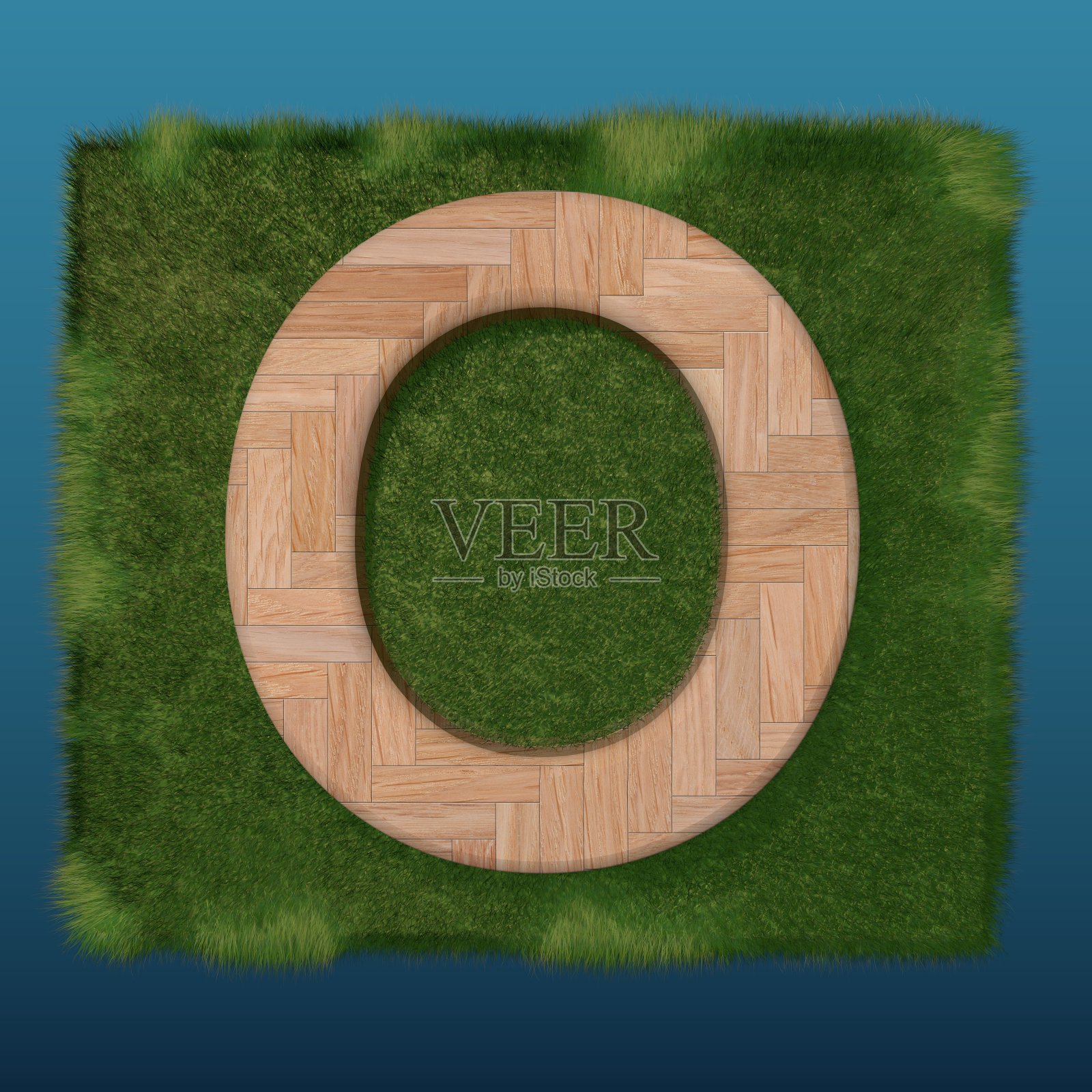 3D装饰木制字母在绿色草地上，大写字母O照片摄影图片