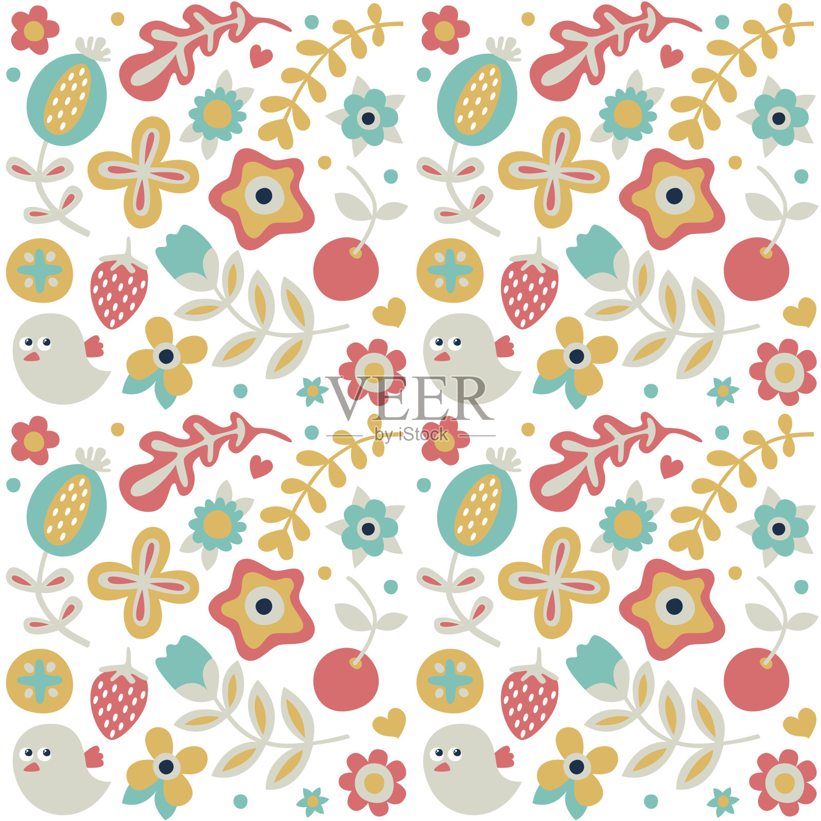 无缝可爱的春季图案，以鸟、花、植物、草莓制成插画图片素材