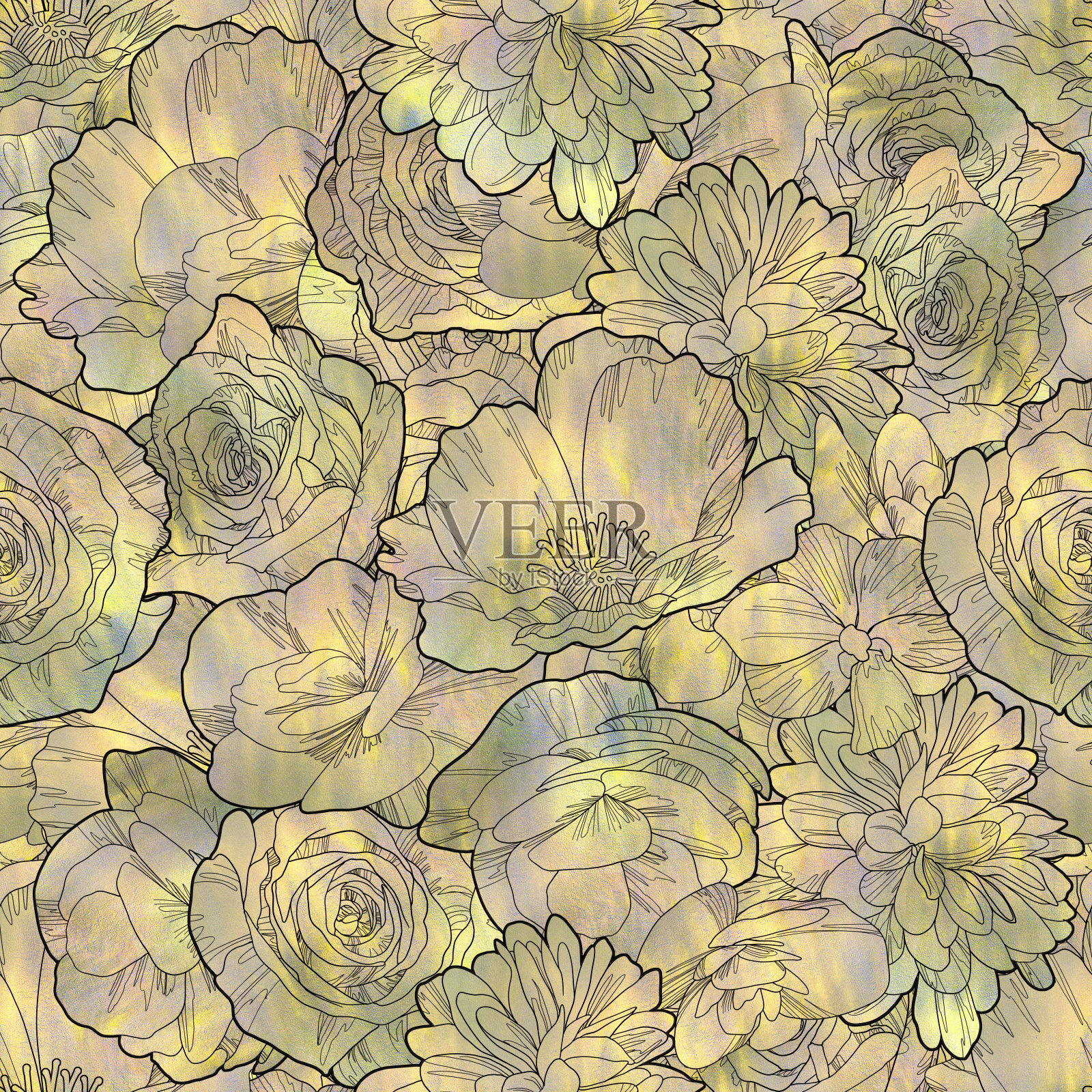 无缝图案与花在米色基调照片摄影图片