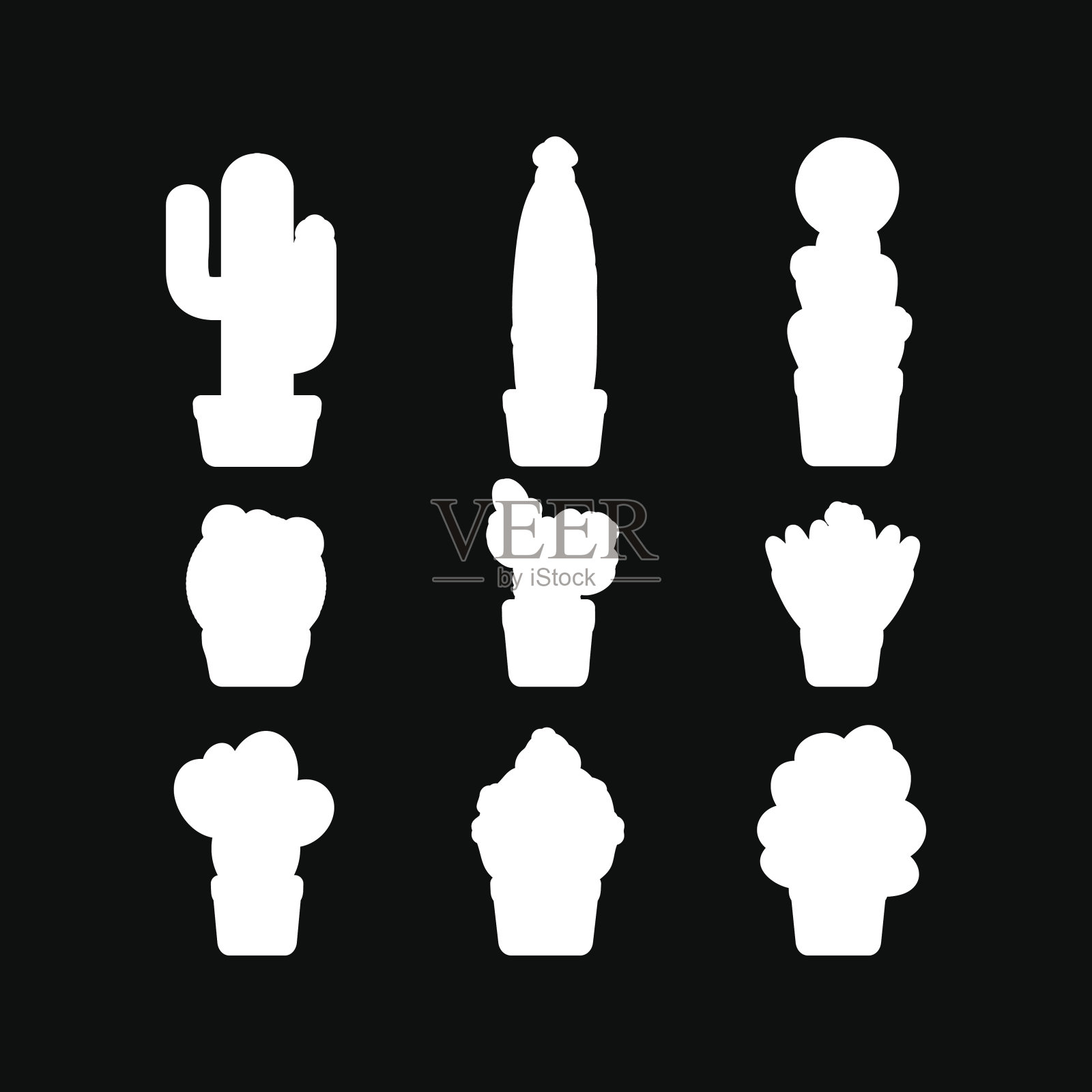 仙人掌的白色轮廓映衬在黑色之上插画图片素材