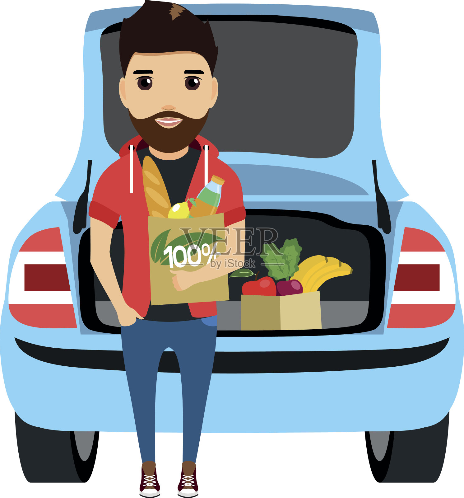 年轻人把买的东西放在汽车的后备箱里插画图片素材