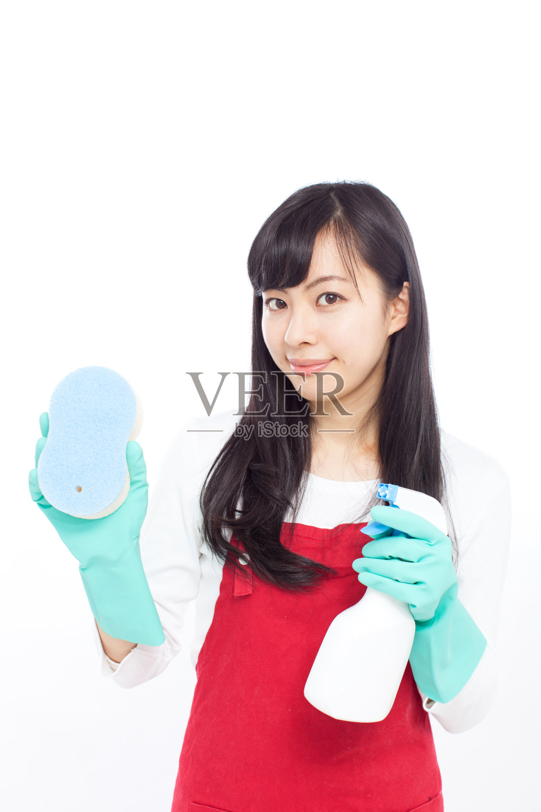 戴着手套的日本妇女有清洁设备照片摄影图片