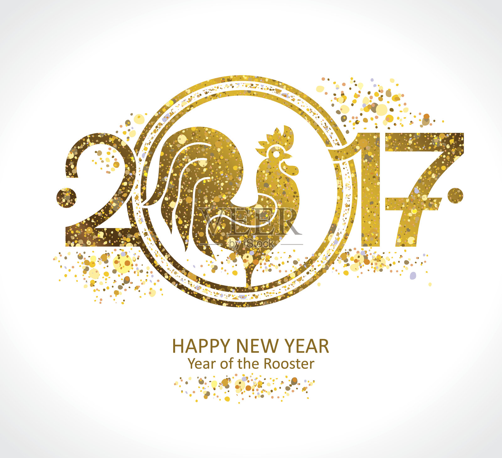 公鸡2017。闪亮的金色的象征。设计模板素材