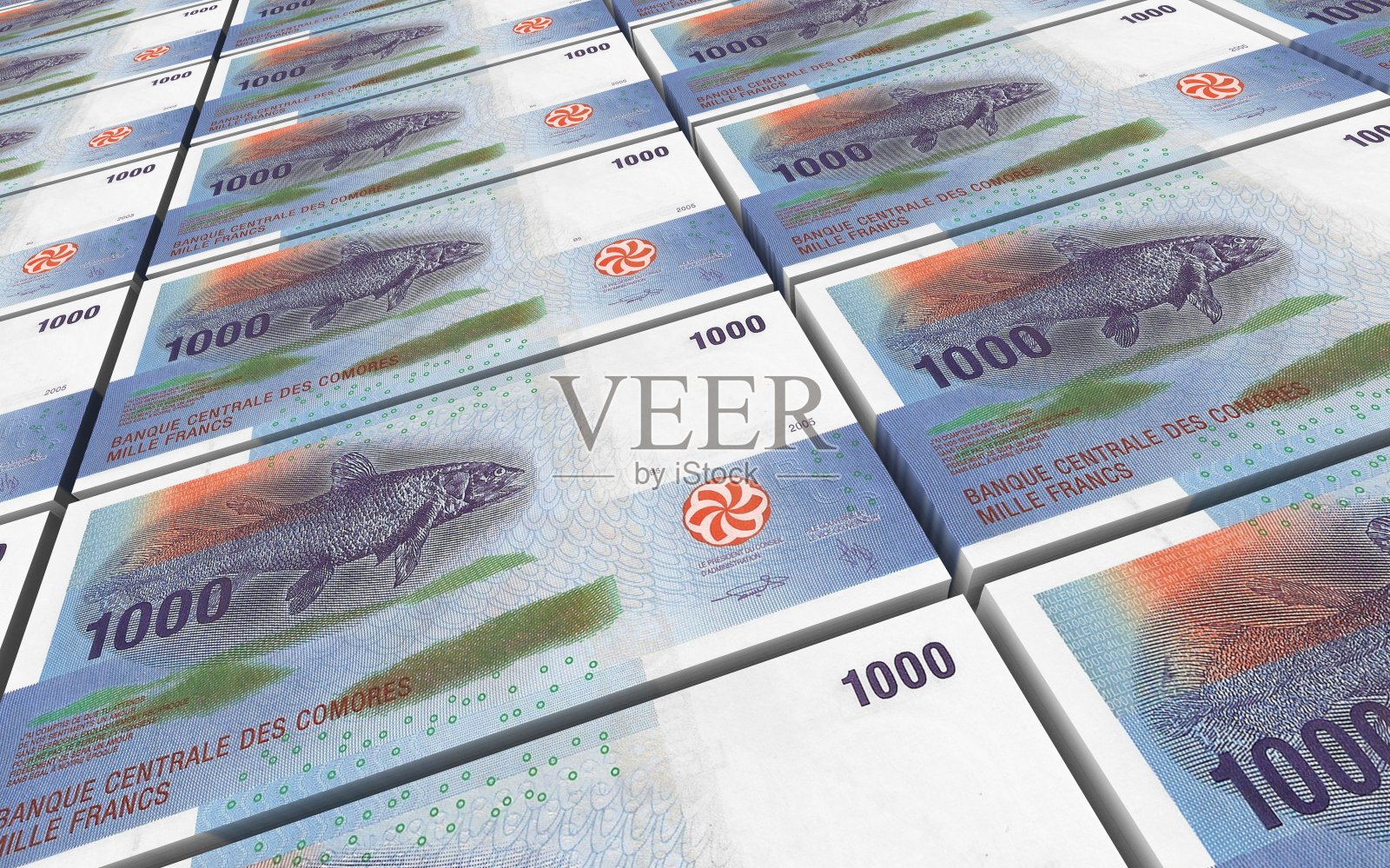 科摩罗法郎钞票堆积背景。照片摄影图片