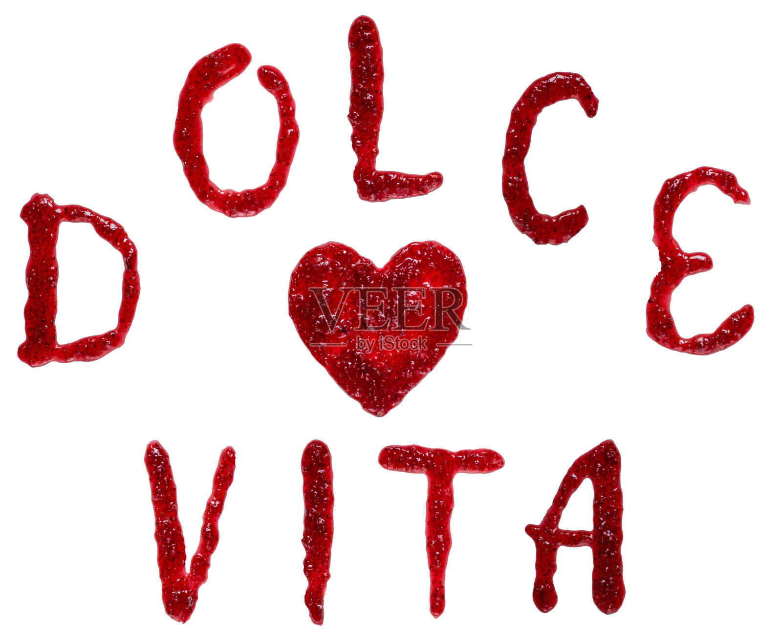 意大利语frase“dolce vita”(甜蜜生活)，用果酱拼成照片摄影图片