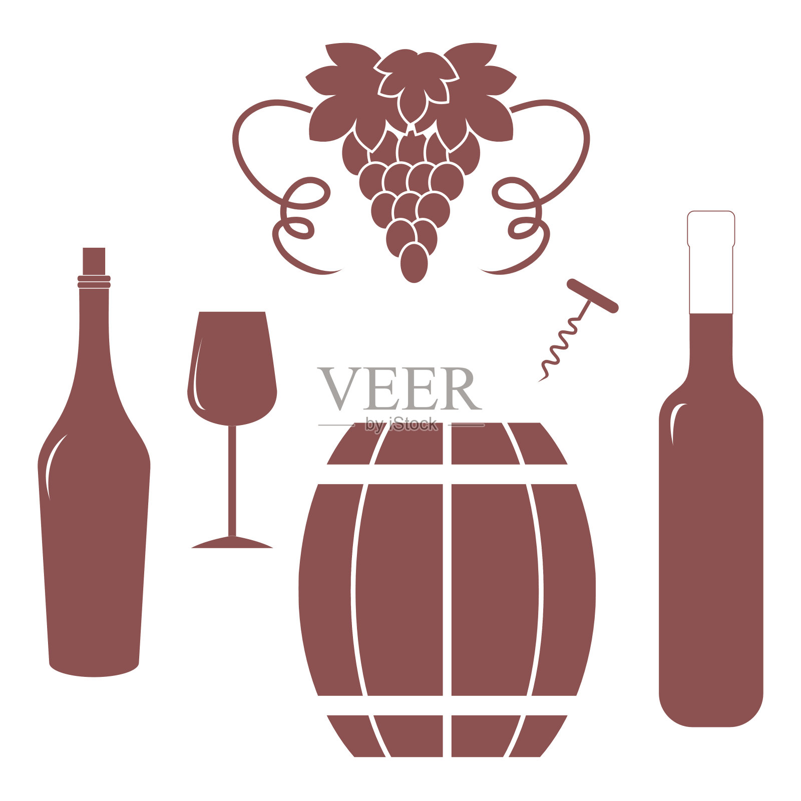 一个彩色的瓶子，玻璃，开瓶器，酒桶的图标插画图片素材