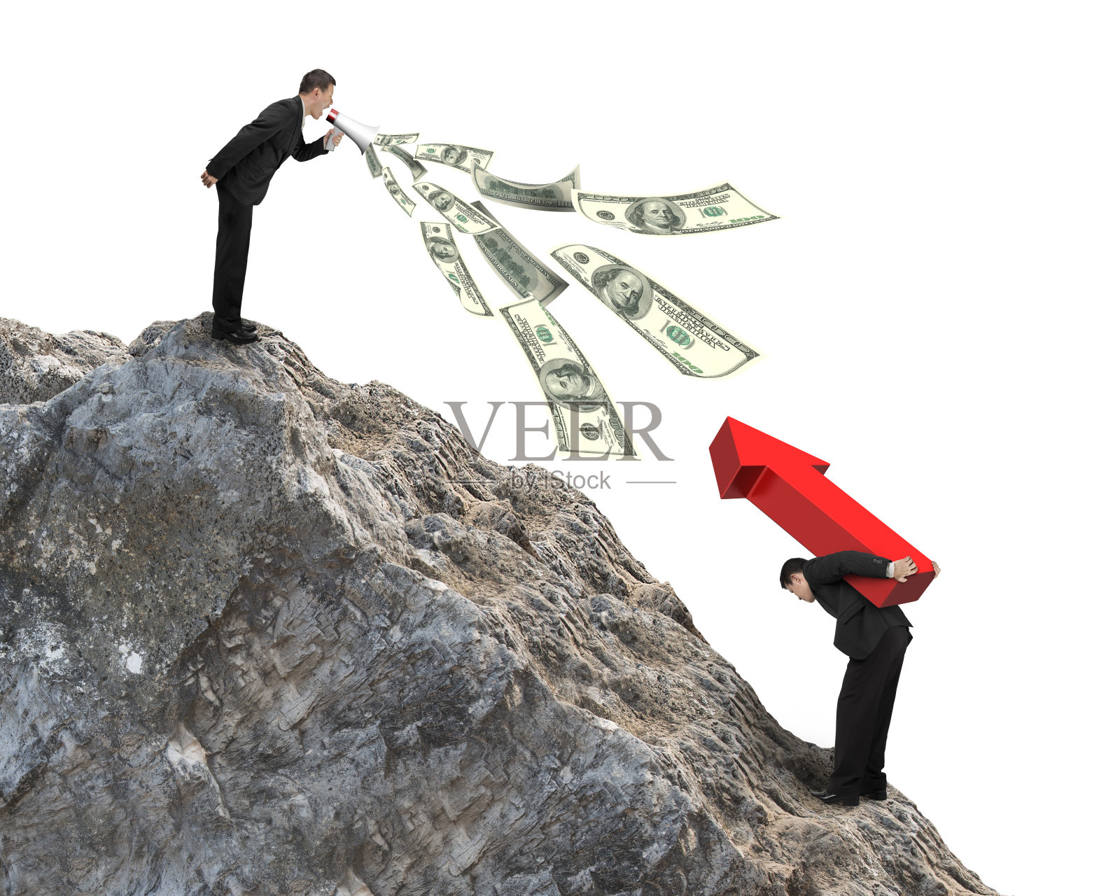 老板用扩音器向员工喷钞票照片摄影图片