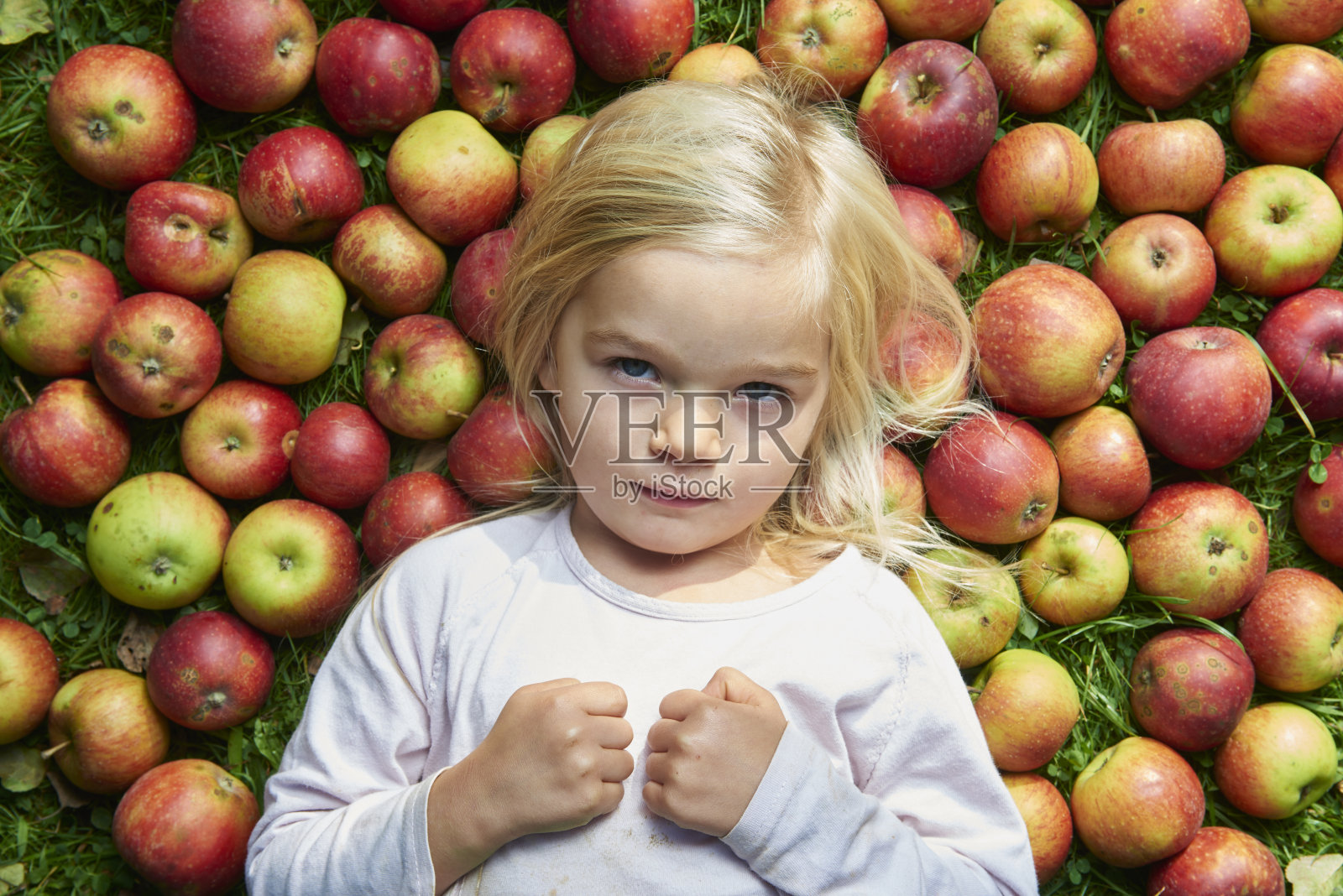 一个金发女孩的肖像，她躺在苹果的背景下照片摄影图片