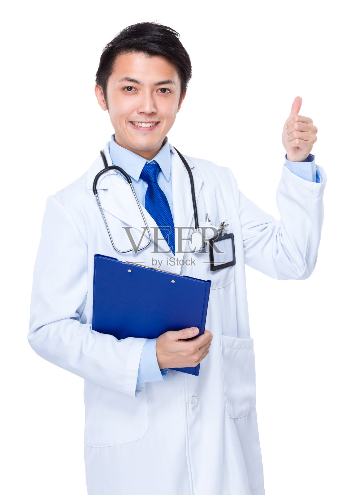 医生拿着写字板，竖起大拇指照片摄影图片