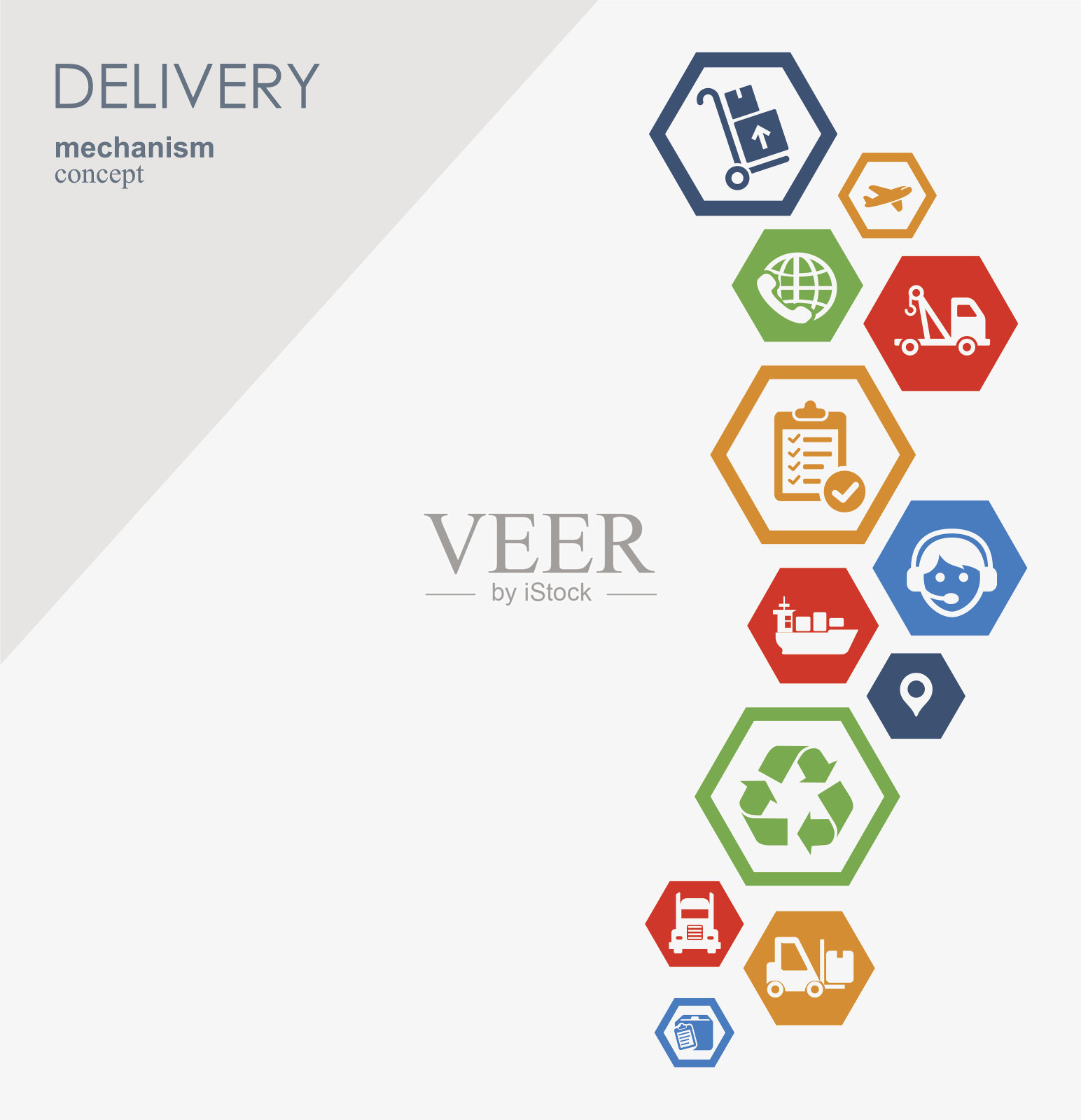 交付机制的概念。抽象背景与连接的齿轮和图标插画图片素材