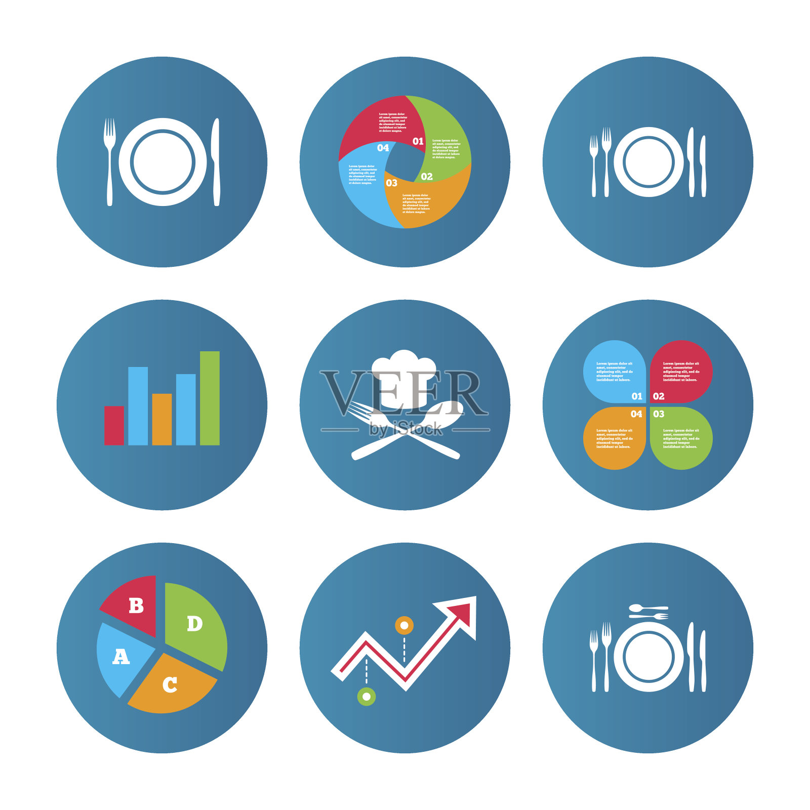 盘子盘子与刀叉的图标。首席的帽子。图标素材