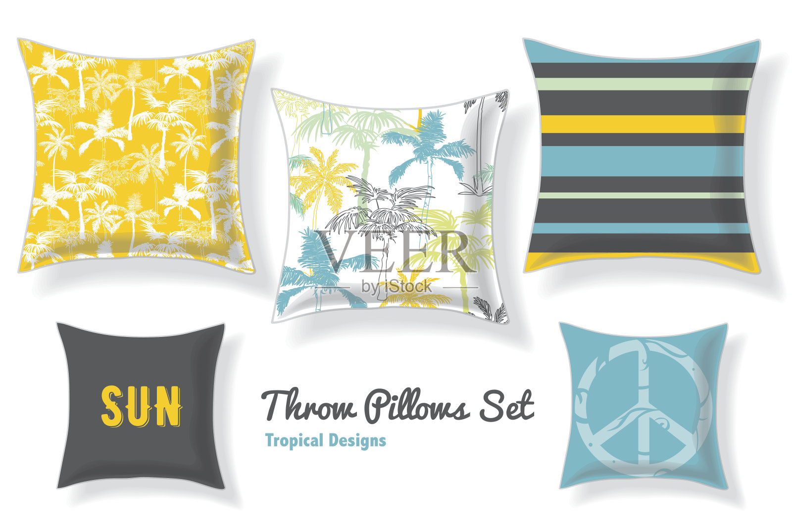 一套热带棕榈树扔枕头在匹配独特插画图片素材