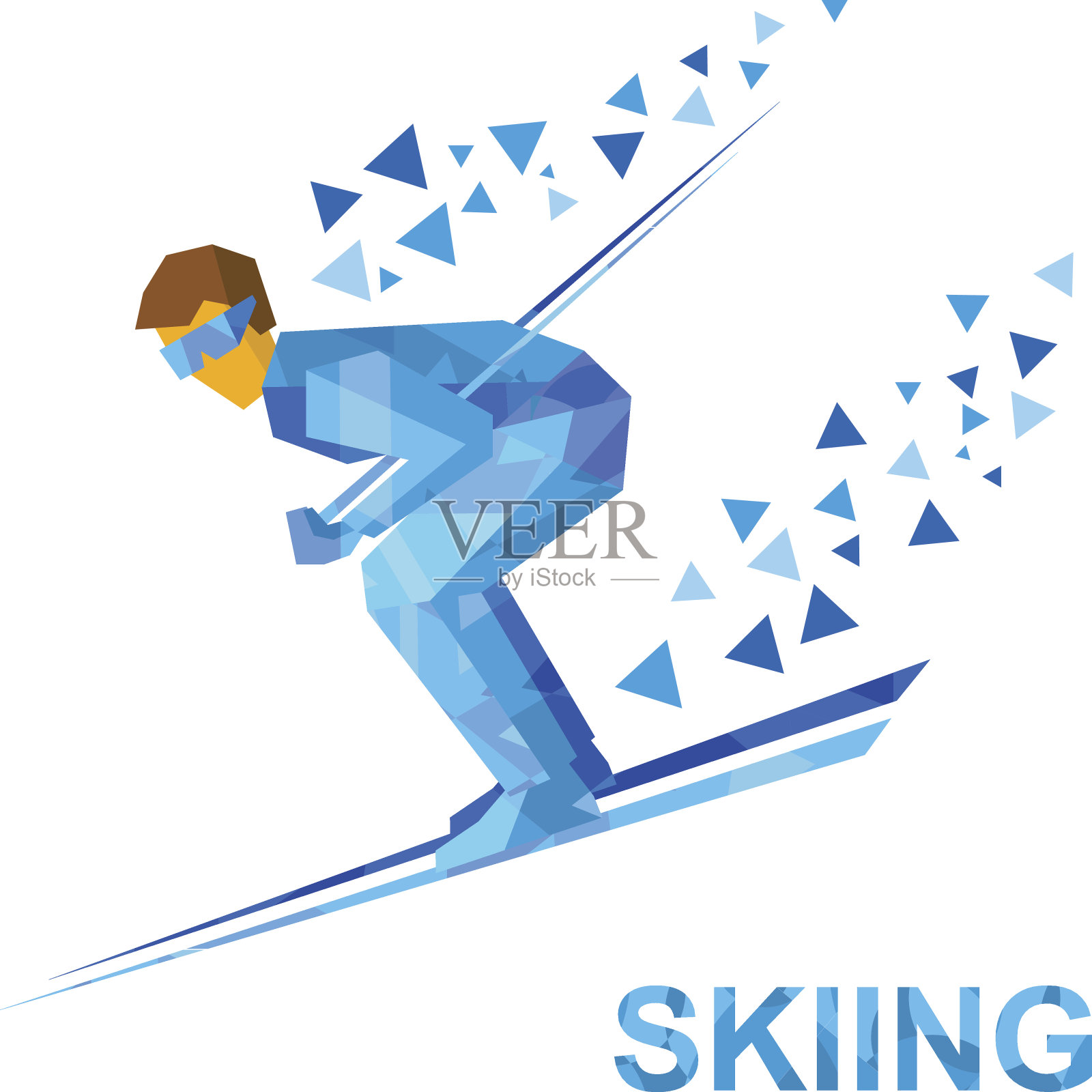 滑雪。卡通滑雪者与蓝色图案跑下坡。插画图片素材