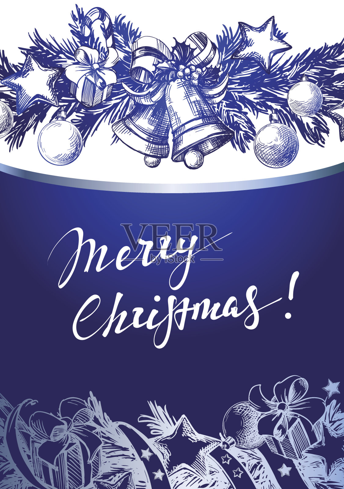 圣诞蓝色背景与银杉树枝和球手设计模板素材