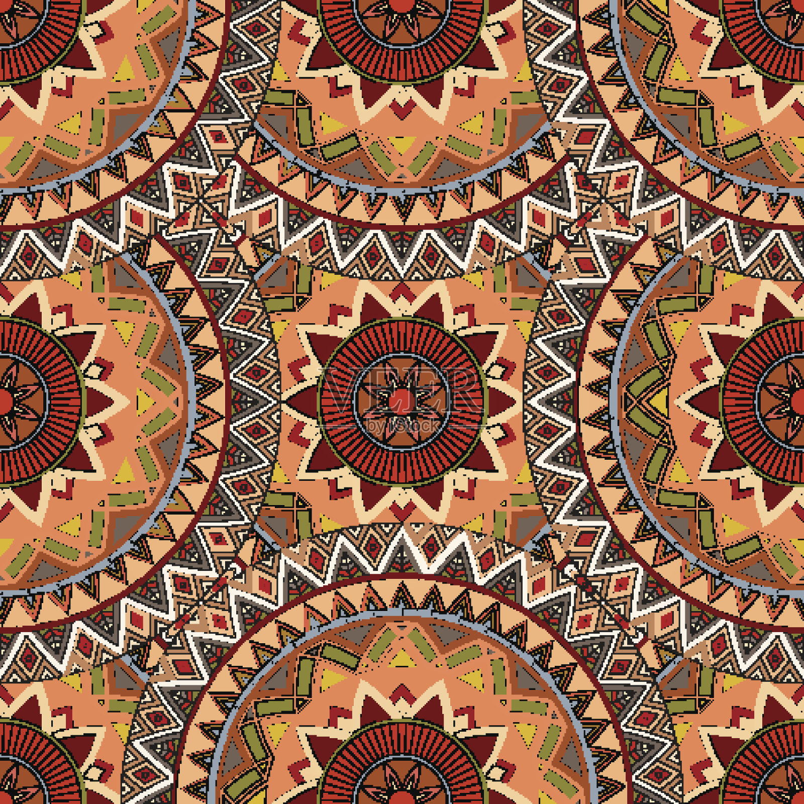 华丽的花卉无缝纹理，无尽的图案与复古曼荼罗元素。插画图片素材