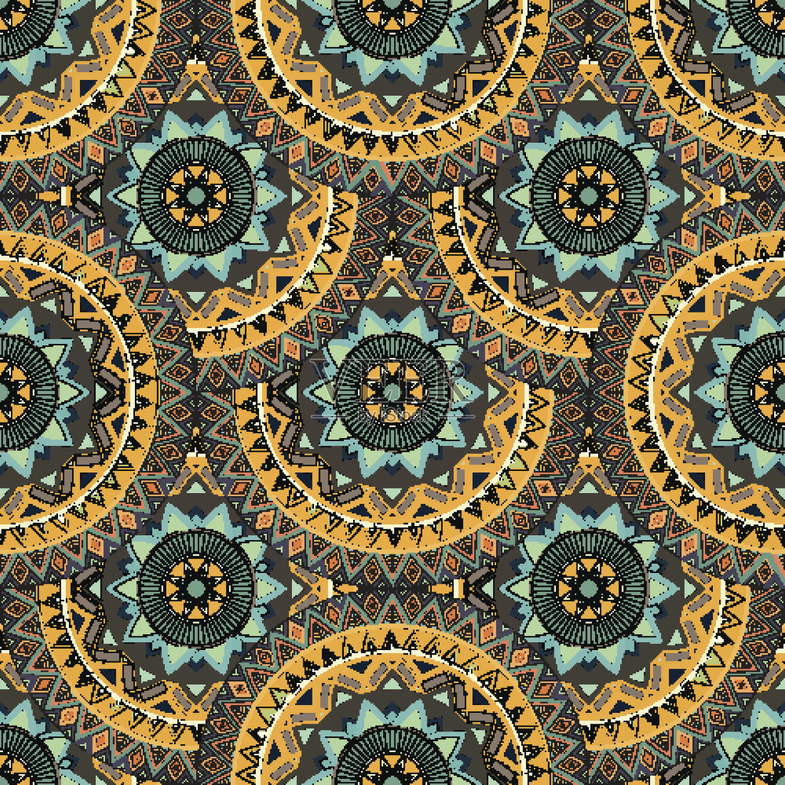 华丽的花卉无缝纹理，无尽的图案与复古曼荼罗元素。插画图片素材