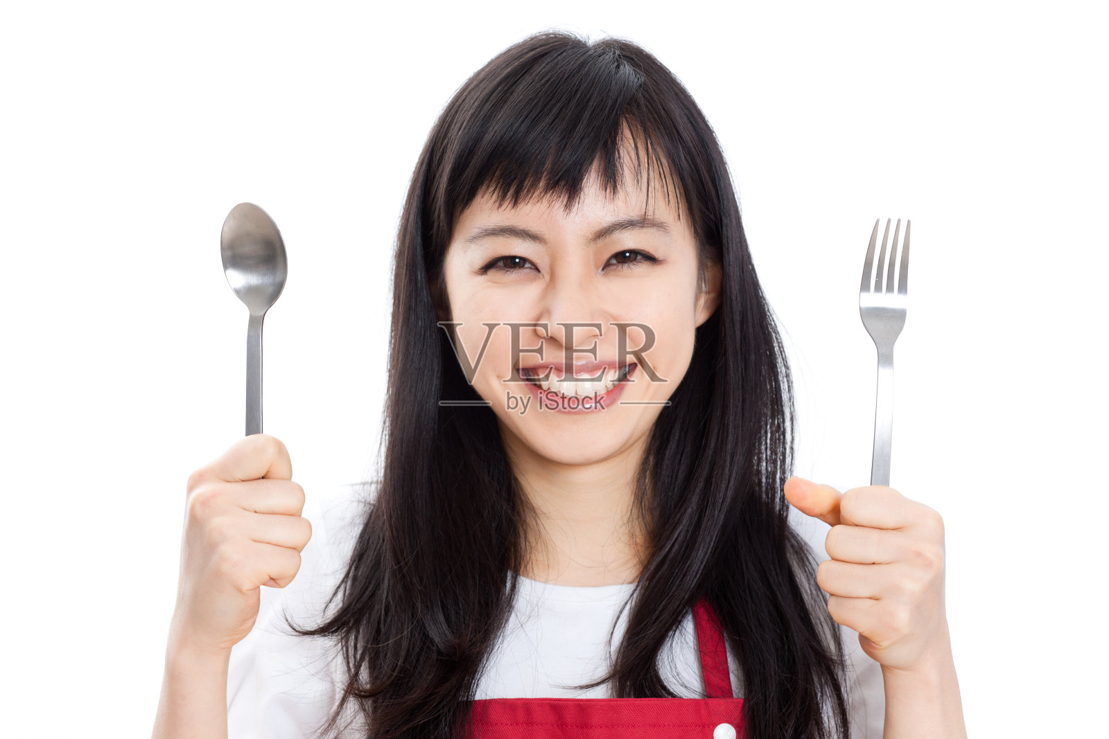 拿着勺子和叉子的日本妇女照片摄影图片