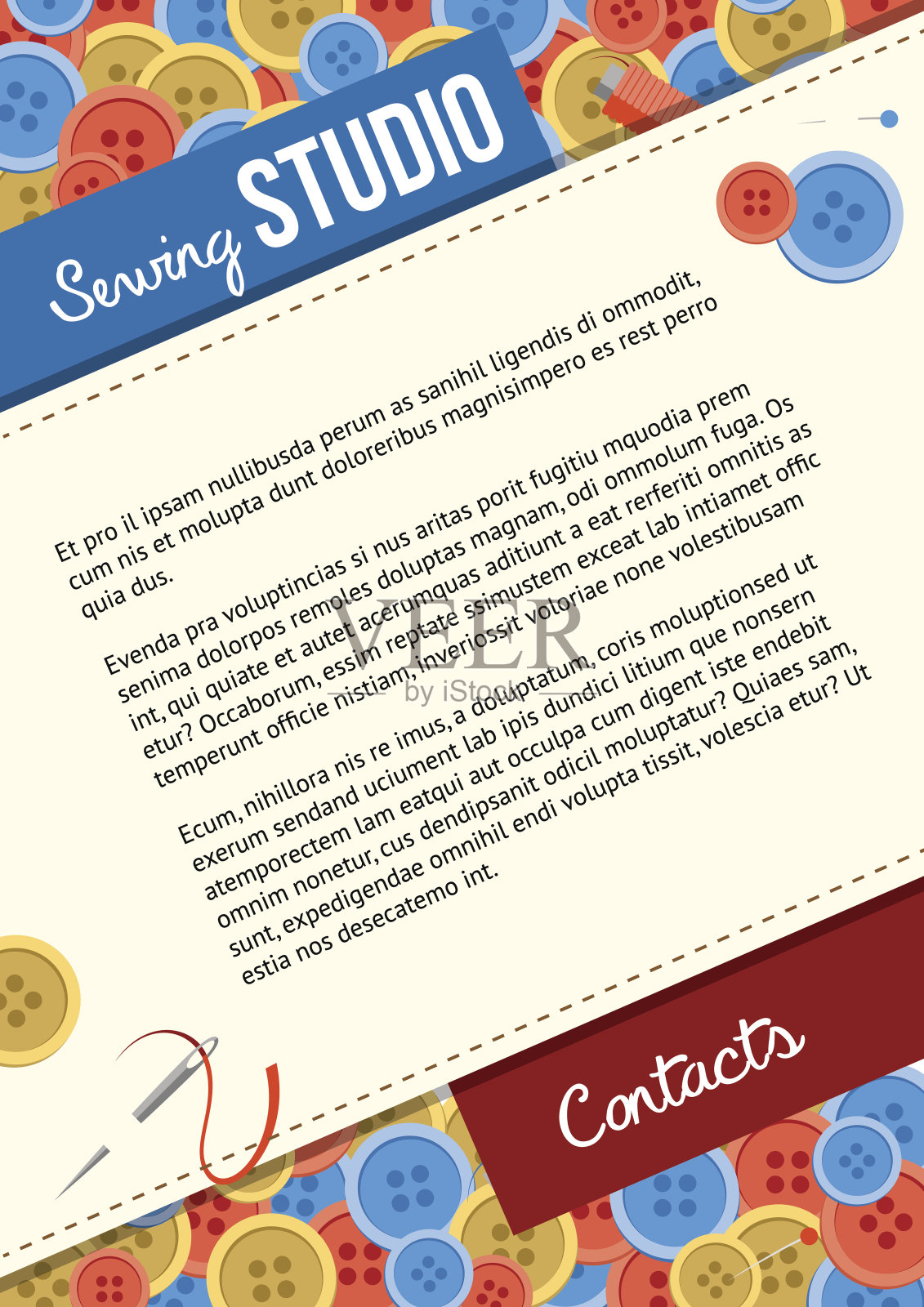 缝纫工作室海报模板与纽扣和缝纫项目插画图片素材