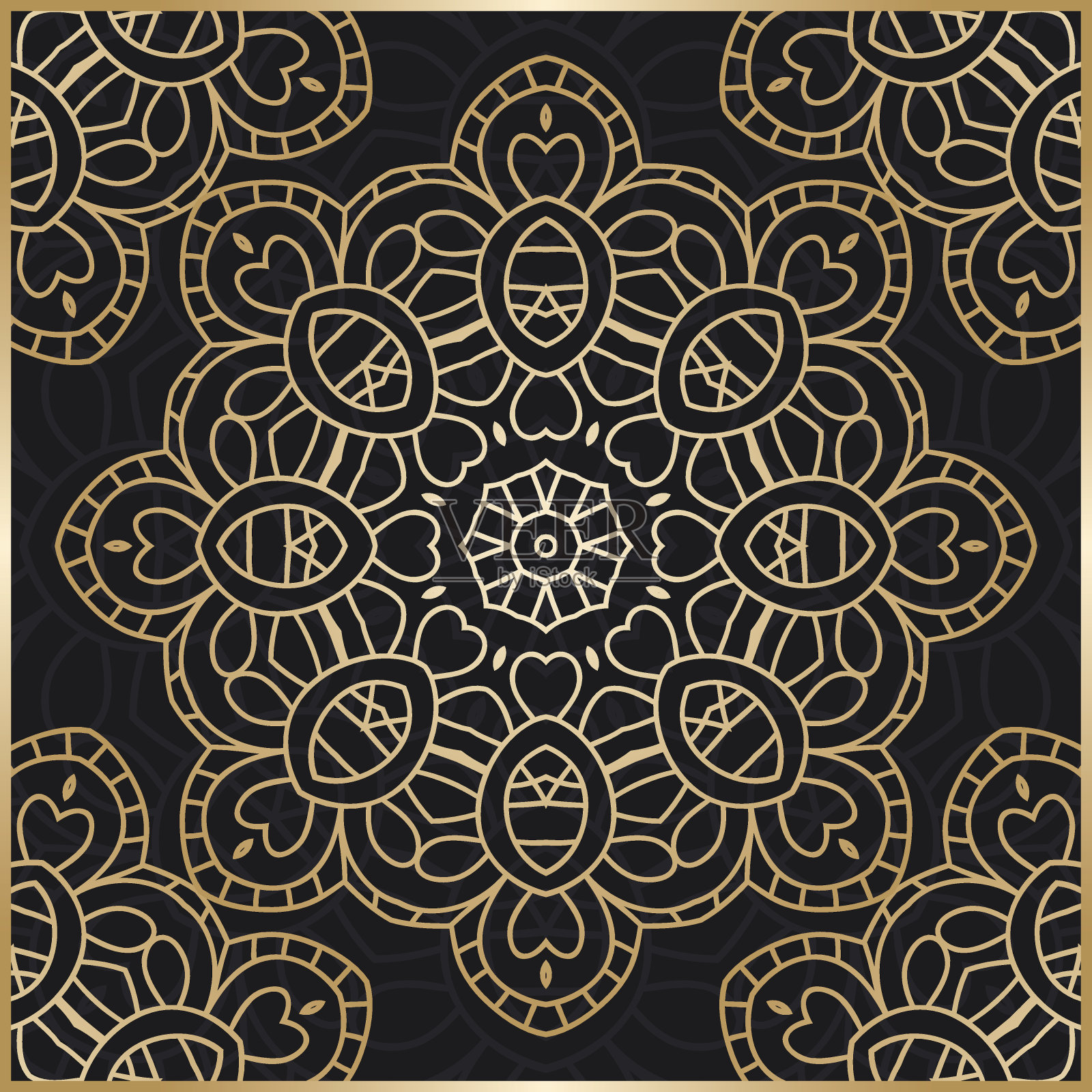 曼荼罗。金色的背景。程式化的花朵。金色的花。黄金花边。插画图片素材