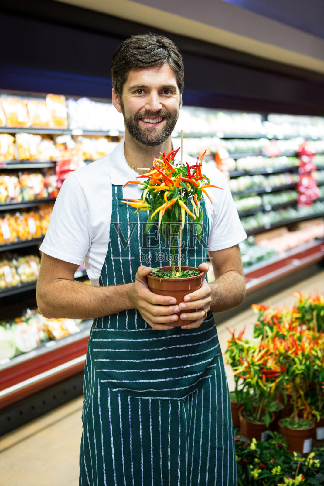 超市里微笑的男员工捧着盆栽照片摄影图片