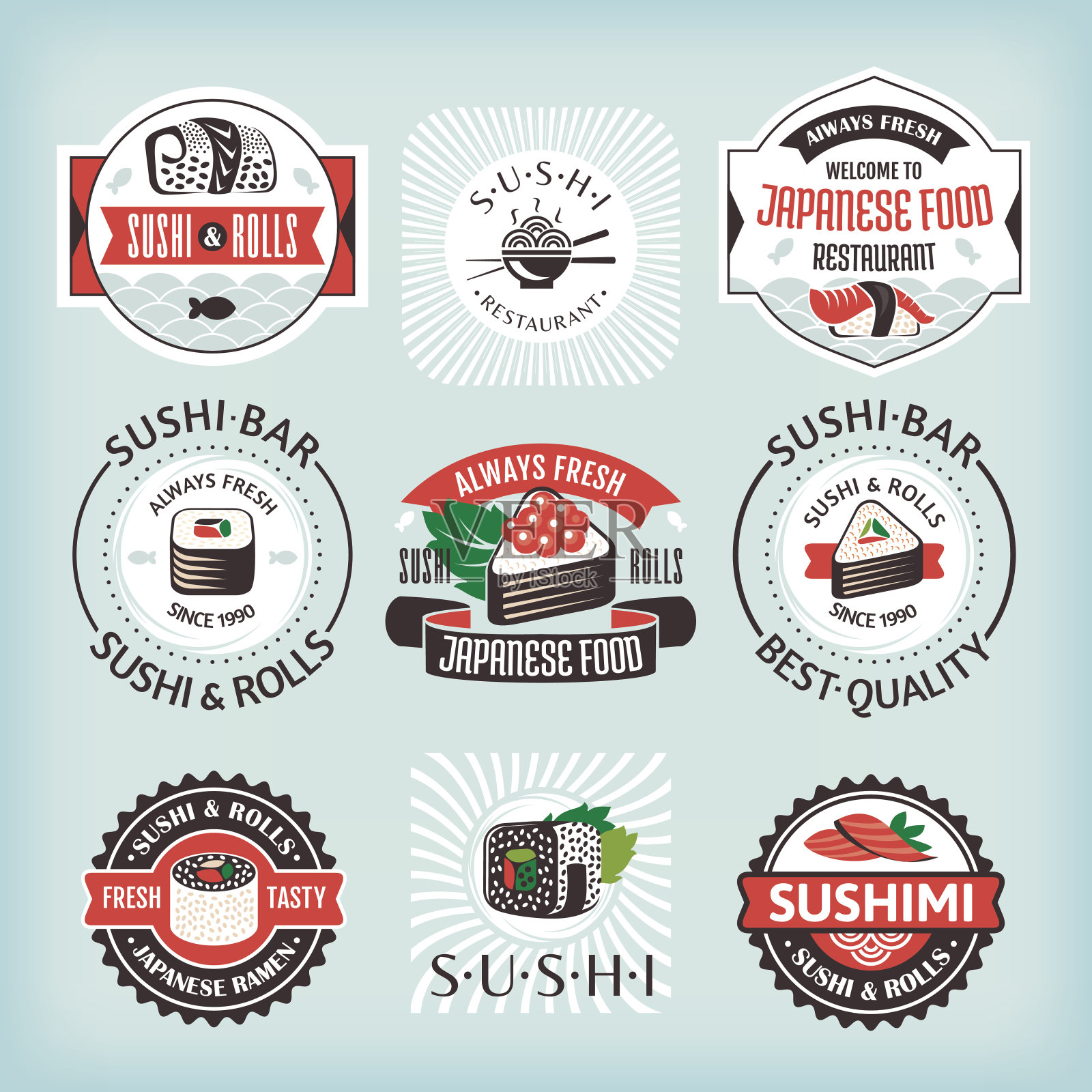 一套不同的寿司标签插画图片素材