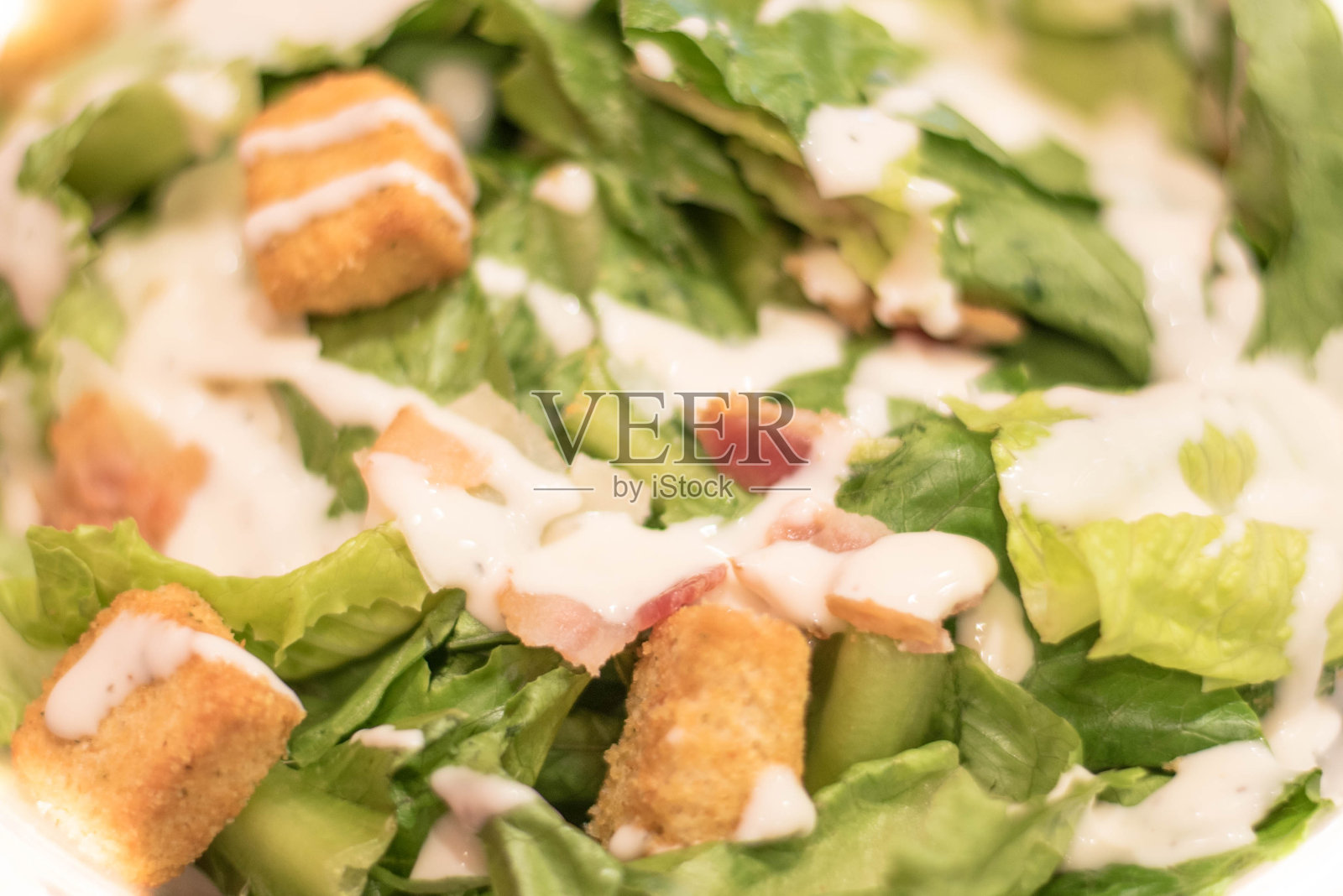 培根凯撒沙拉配帕尔玛芝士碎和面包方块照片摄影图片