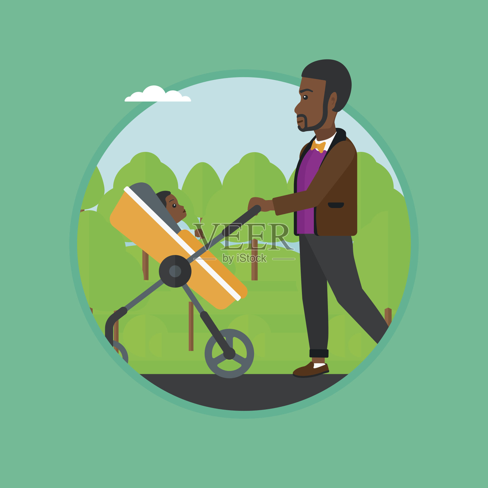 父亲推着婴儿车走着。插画图片素材