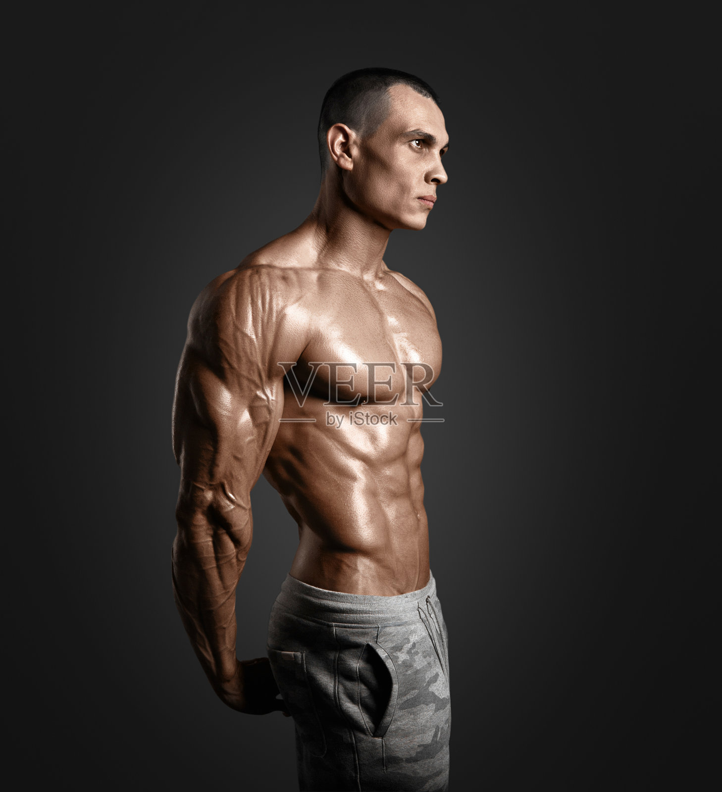 强壮的运动员健康模特躯干显示六个腹肌。照片摄影图片