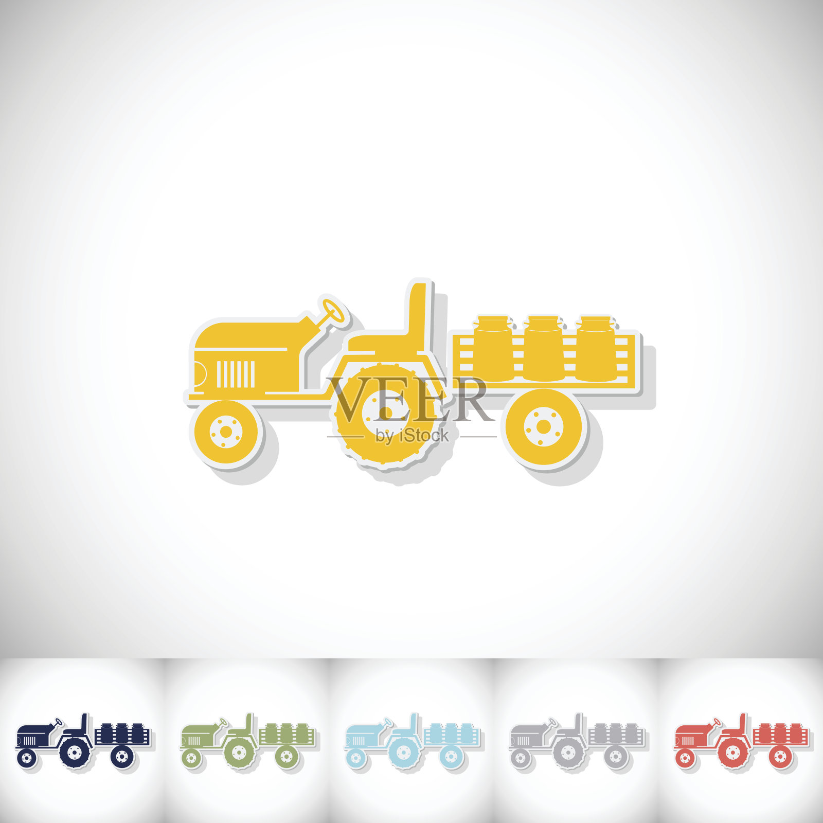 运送牛奶的拖拉机拖车。平贴与阴影在白色插画图片素材