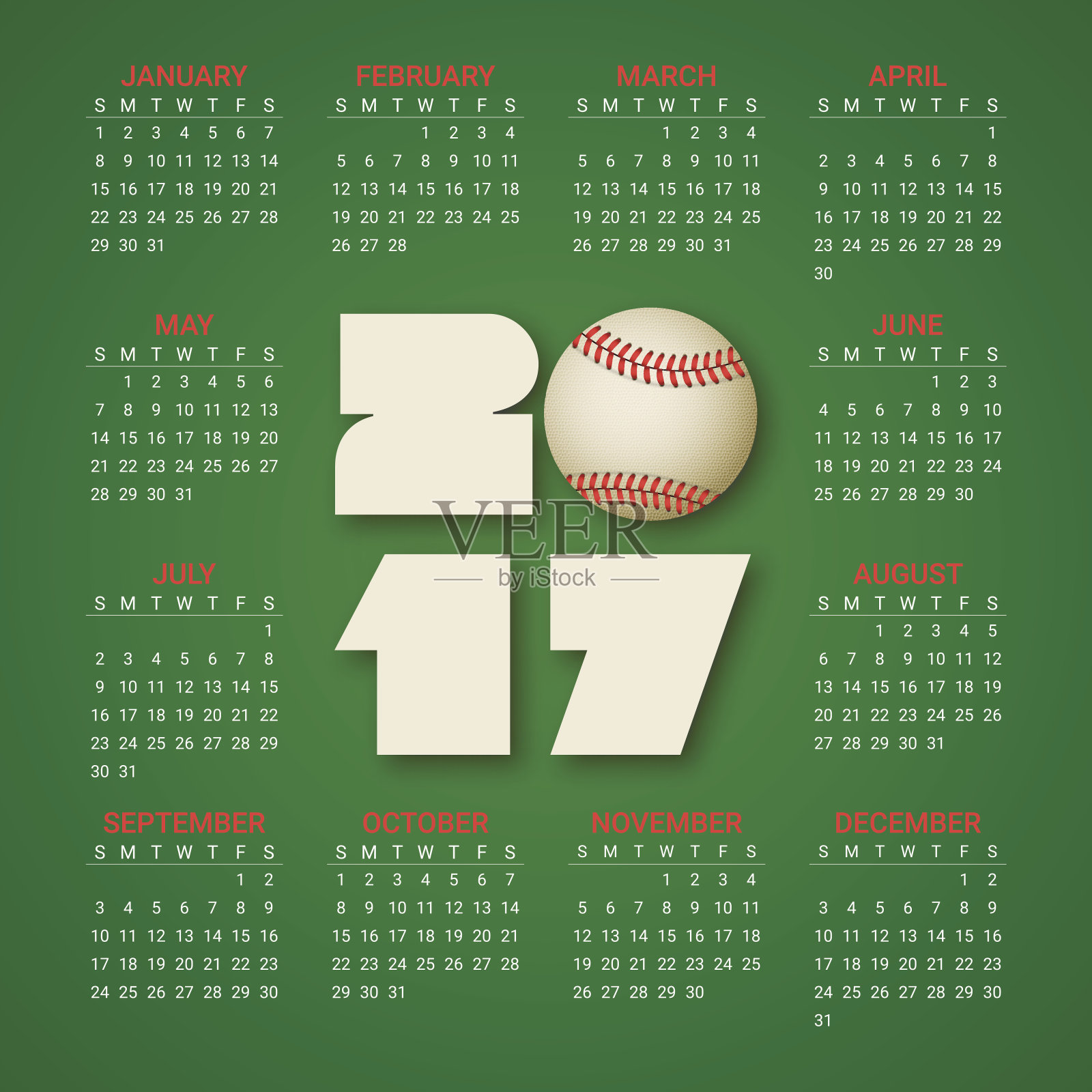 有棒球的2017年日历。运动、游戏主题。设计模板素材