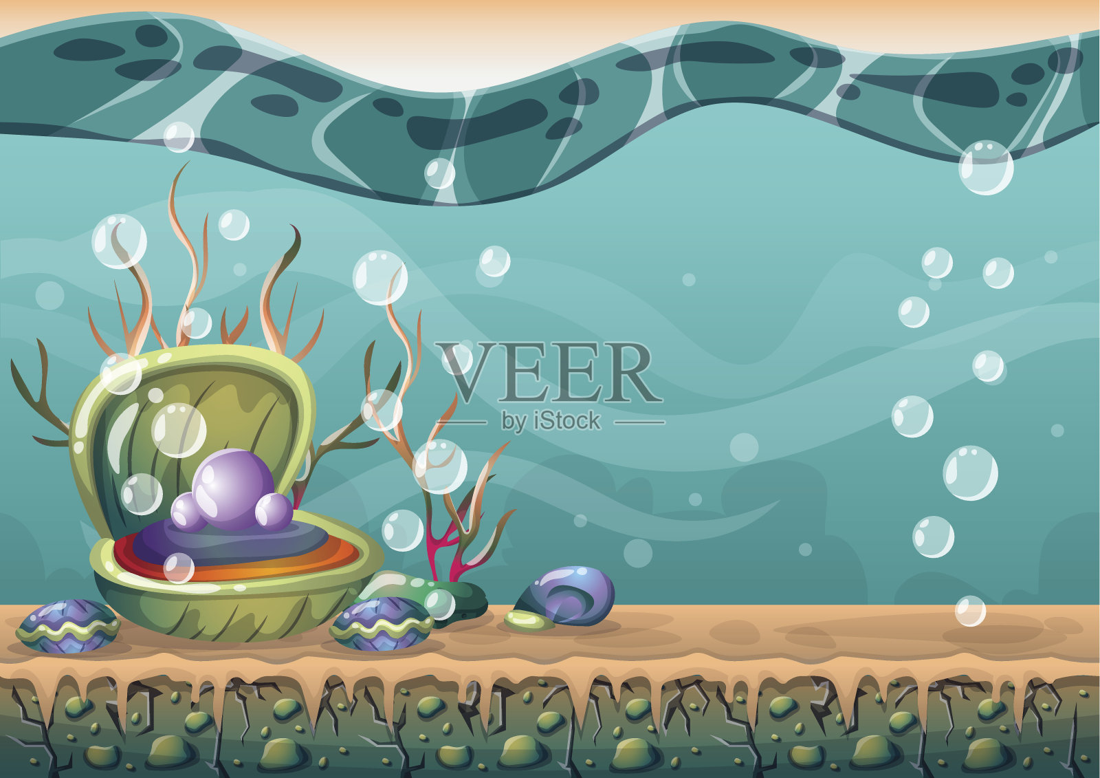 卡通矢量水下背景与分离层的游戏艺术插画图片素材
