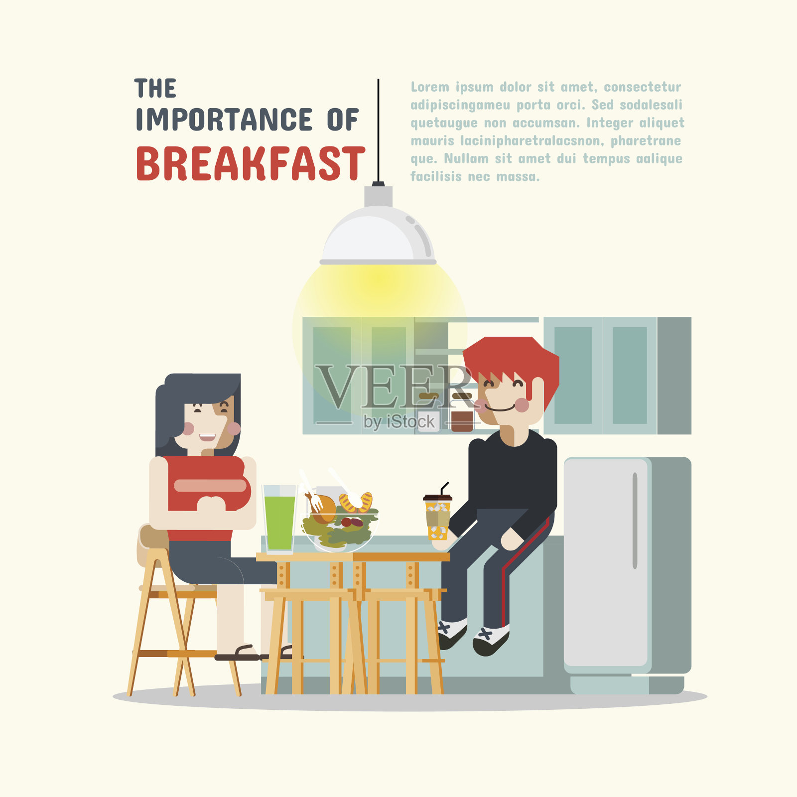 男人和女人在厨房吃早餐插画图片素材