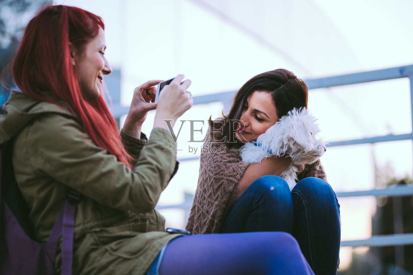 红发女孩正在给她的女朋友和可爱的小狗拍照照片摄影图片