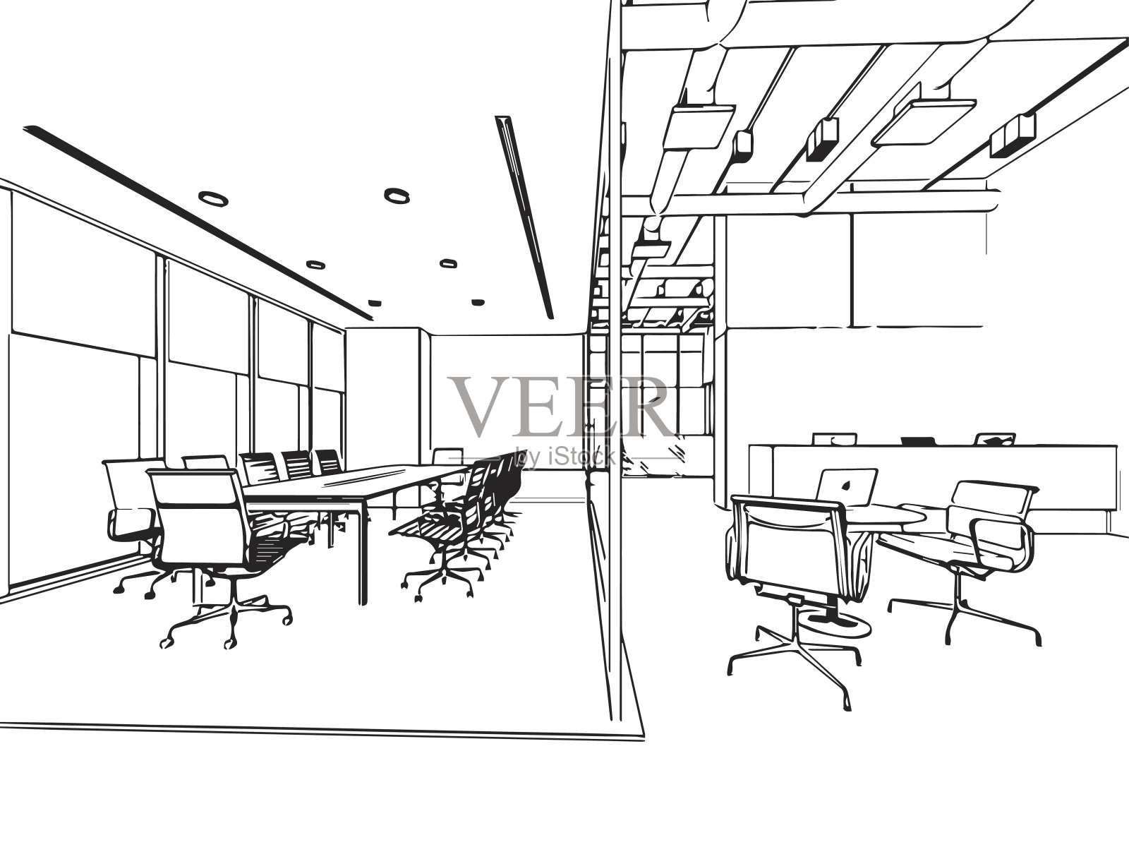 室内轮廓草图透视的一个空间办公室插画图片素材
