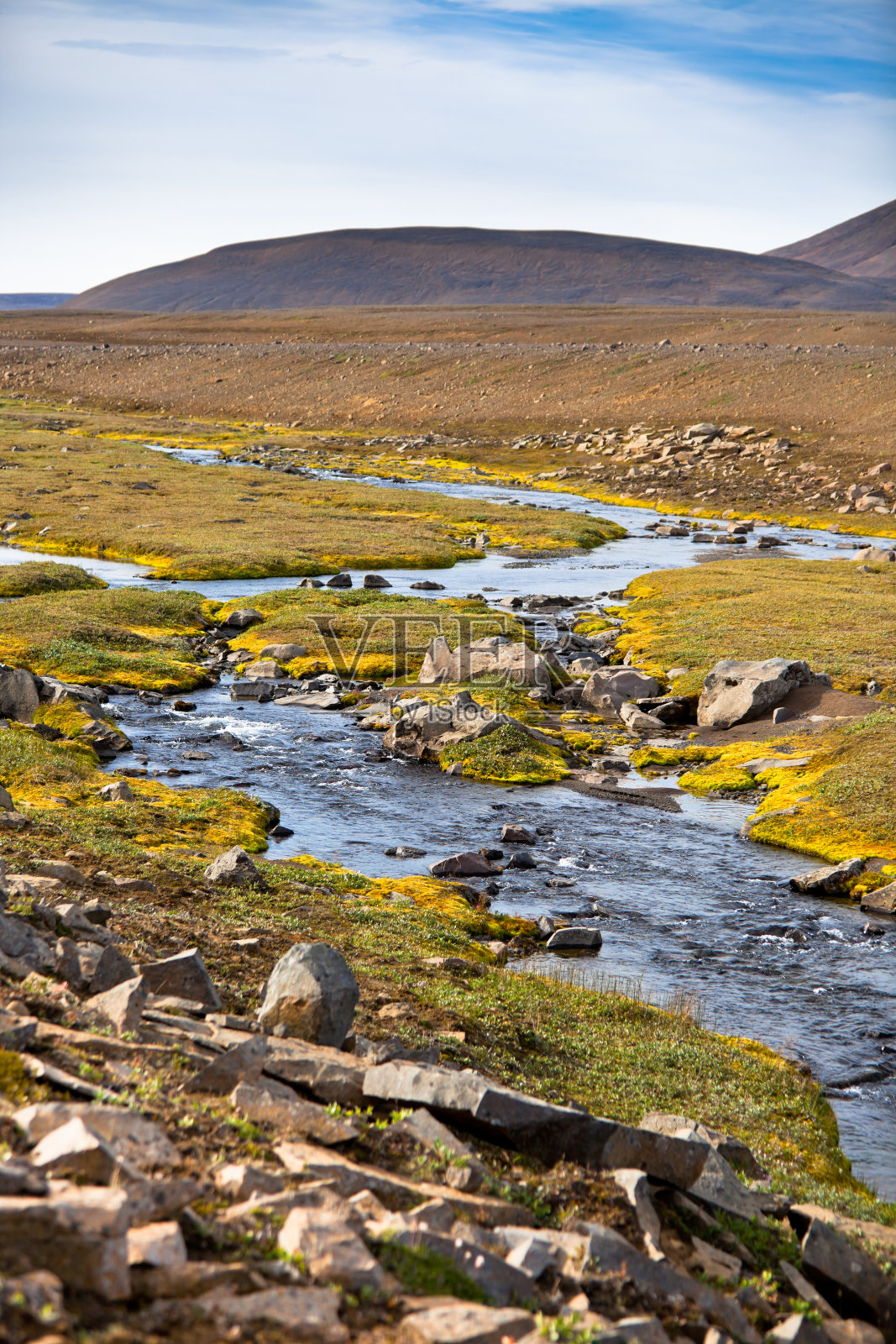 冰岛风景与河流，山脉和明亮的蓝天照片摄影图片
