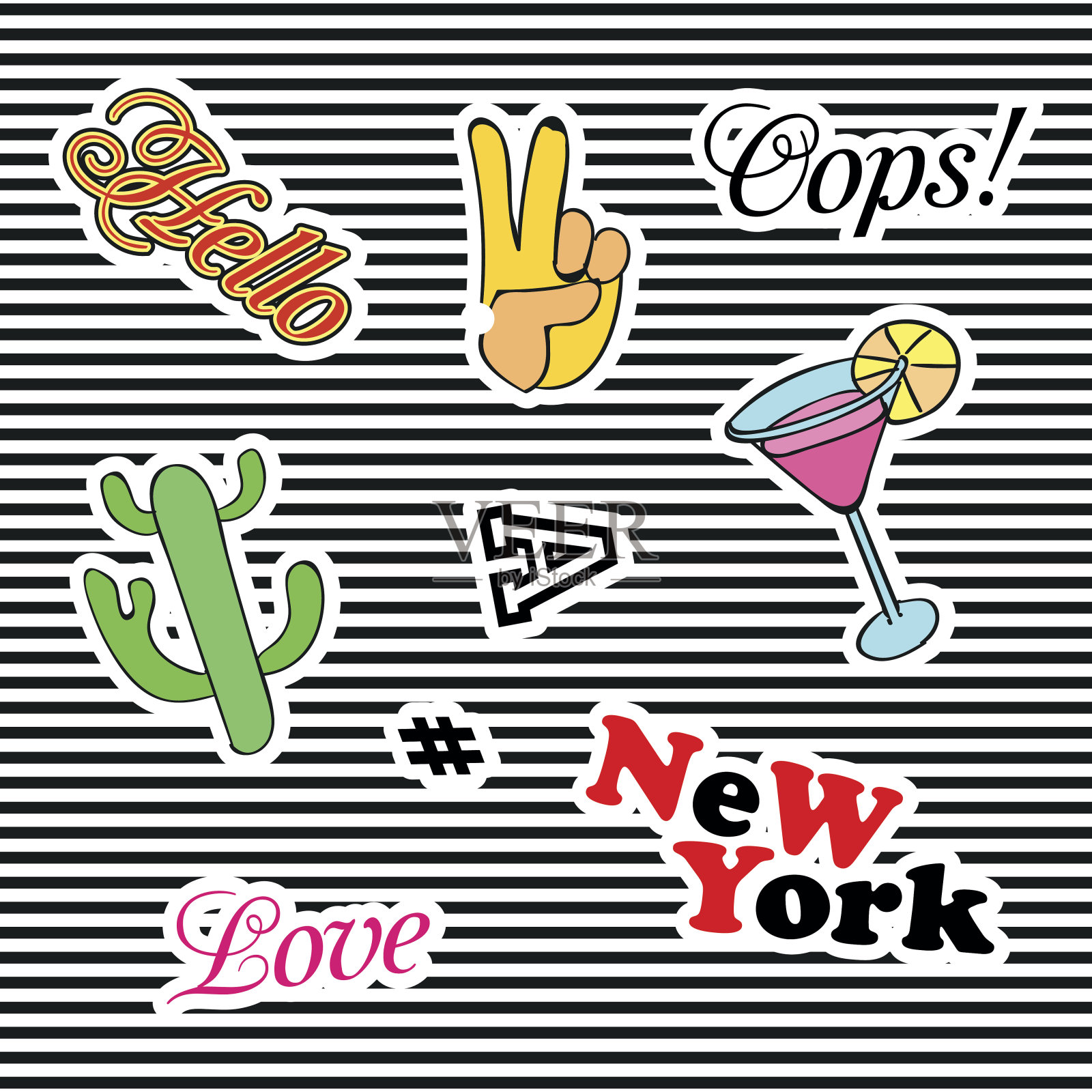 不同元素的时尚徽章。一套贴纸，大头针设计元素图片